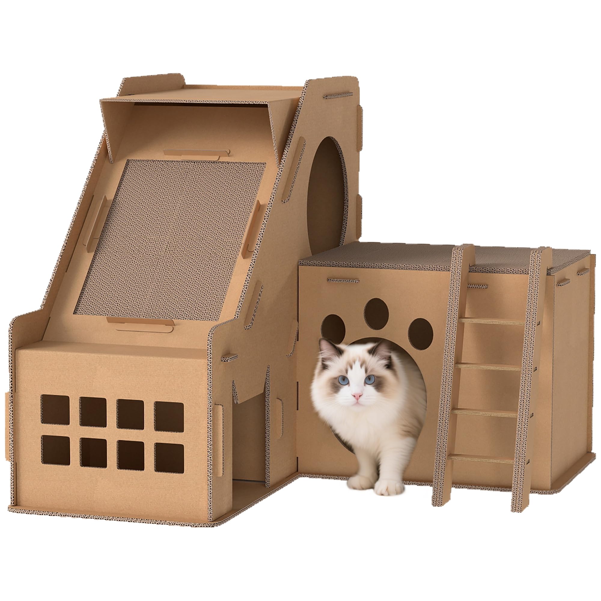 PawHut Gatto in cartone 2 in 1, tiragraffi per gatti con 2 aree di graffiatura, erba gatta, rampa e scaletta, per interni, 67x66x57 cm, marrone