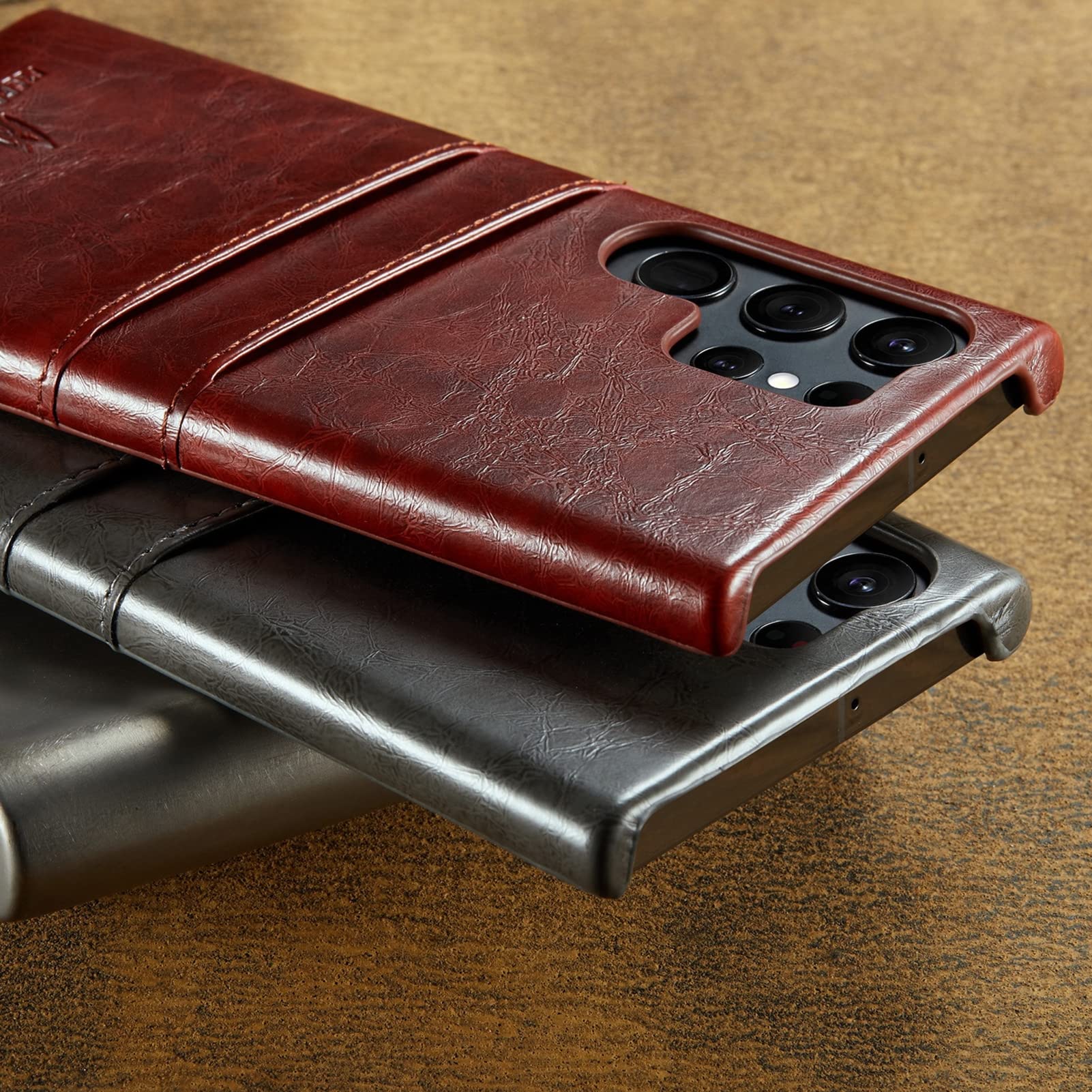 Cienkie etui do Samsung Galaxy S23 Ultra/S23 Plus/S23, podwójne gniazdo na karty, skórzane etui na telefon komórkowy, z podszewką z włókien, ochrona przed odciskami palców, brązowe, S23 Plus