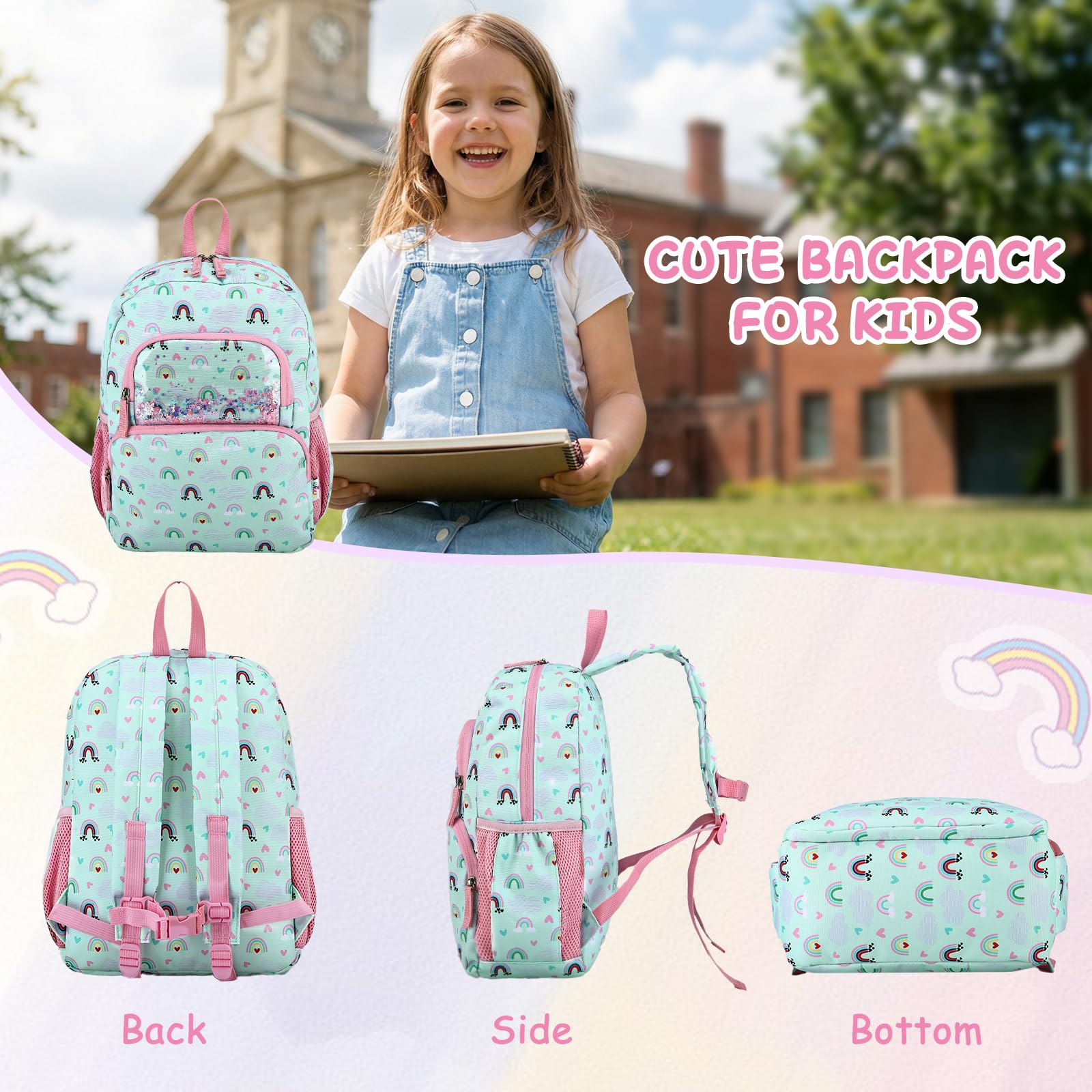 RAVUO Mochila Niña 4-6 Años,12L Mochila Escolar Infantil Impermeable con Correa de Pecho para Guardería y Primaria Arcoíris