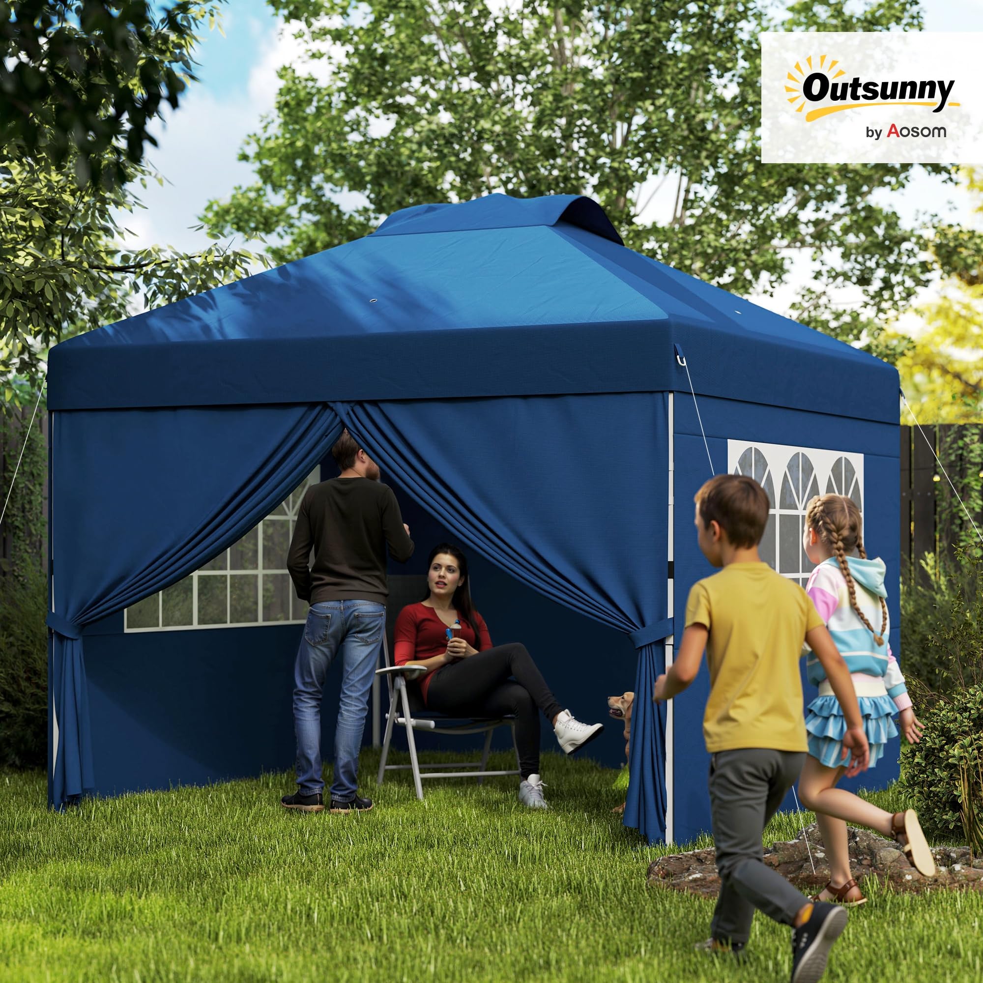 Outsunny Tonnelle de Jardin Pliante 3 x 3m Hauteur Réglable Bleu Foncé | Tente de Réception Pop-up, Parois Latérales, Aérations, Fenêtres, Sac de Transport à Roulettes, Tissu Oxford