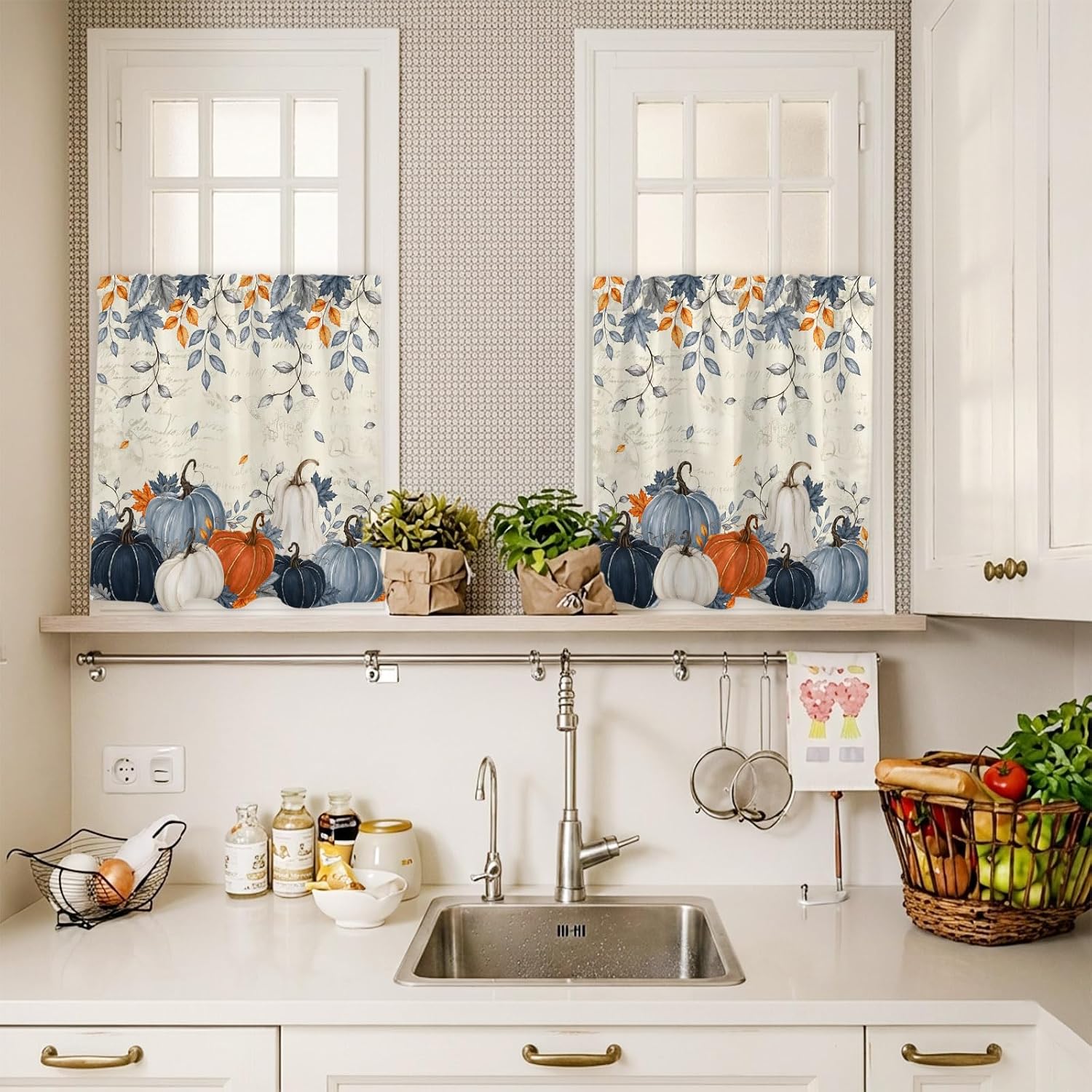 Thanksgiving Kitchen Curtains and Valances Set, Fall Blue Orange White Pumpkin Rod Pocket Farmhouse Tier Window Curtains 24 Inch Length, 3 Piece Maple Eucalyptus Leaves Branches Kitchen Curtain Set
