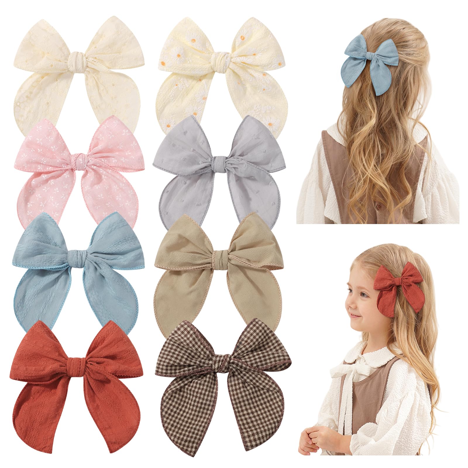 8PCS Baby Girls Hair Clips Fable Hair Bows Cotton Linen Bows for Girls Hair Accessories for Baby Toddlers Kids(Solid Color & Printed color)