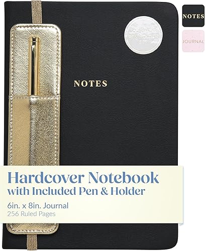 WORLD TRAVELER Eccolo - Diario mediano con bolígrafo, cuaderno A5 de tapa dura negro y dorado con 256 páginas marfil, soporte para bolígrafo,