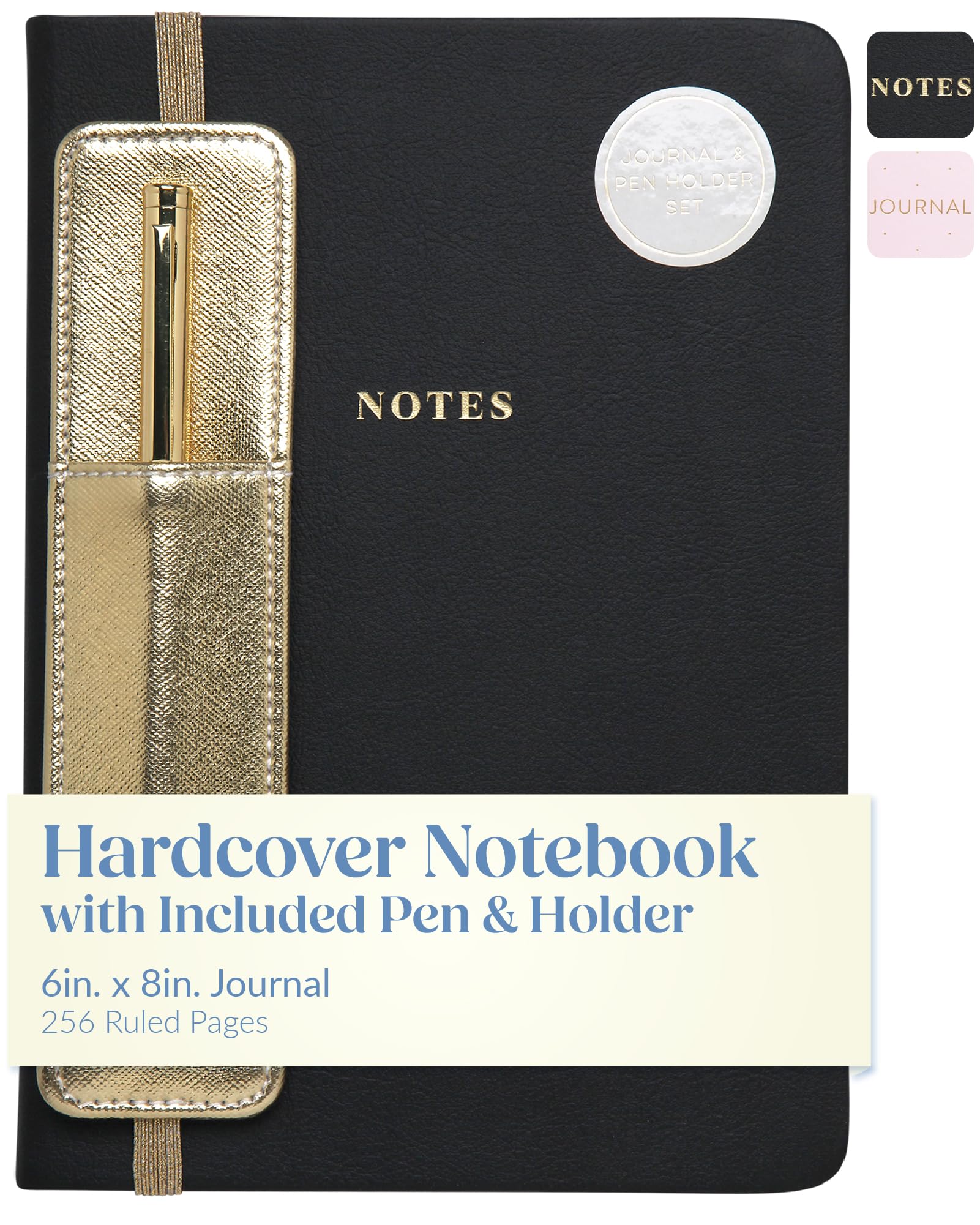 WORLD TRAVELER Eccolo Medium Journal with Pen - Black and Gold Hardbound A5 Notebook w/ 256 Ivory Pages, Pen Holder, Ribbon Bookmark, & Lay Flat Design - Perfect for Work, School, and Journaling 6x8