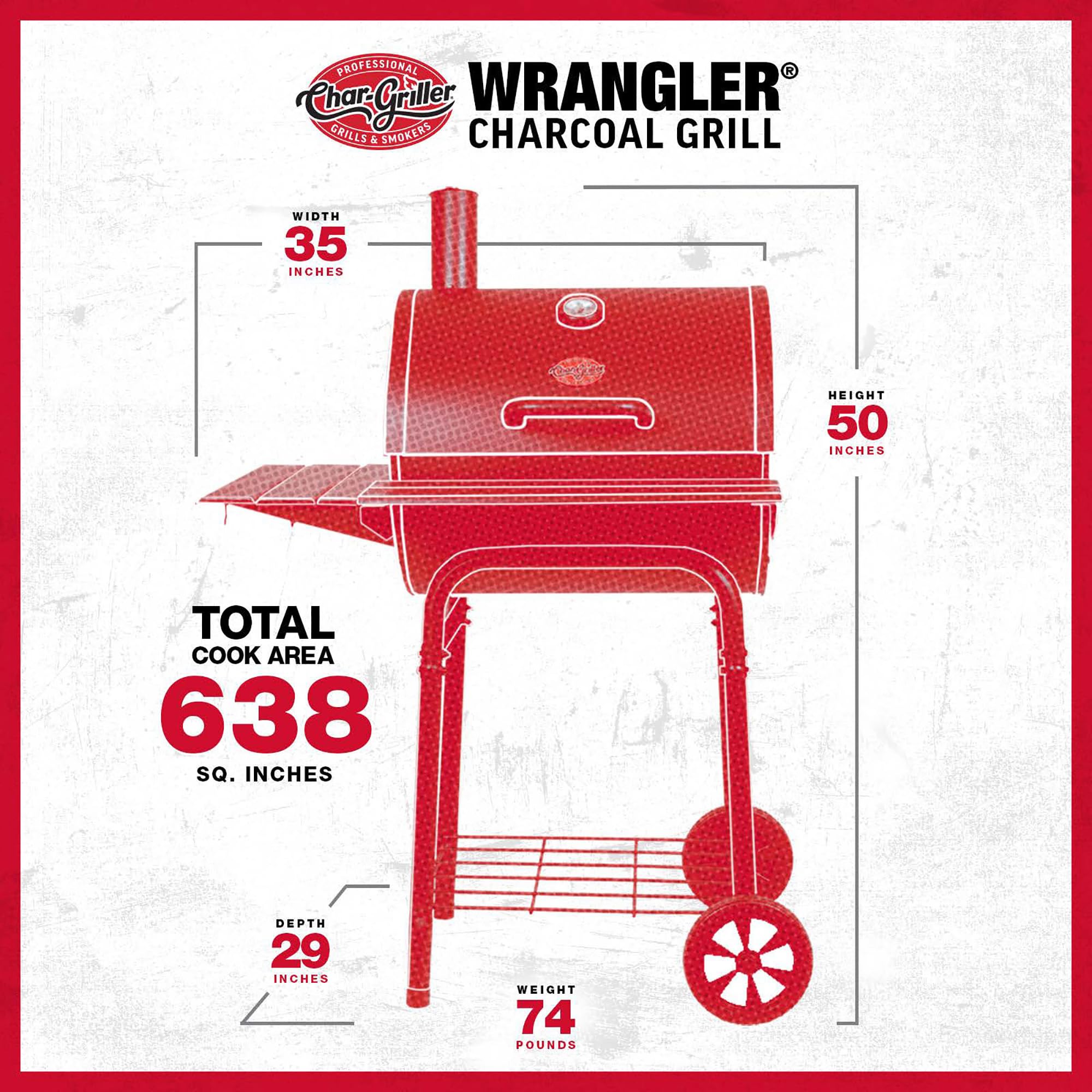 Char-Griller Wrangler 2823 grill na węgiel drzewny w kolorze czarnym z drewnianymi półkami
