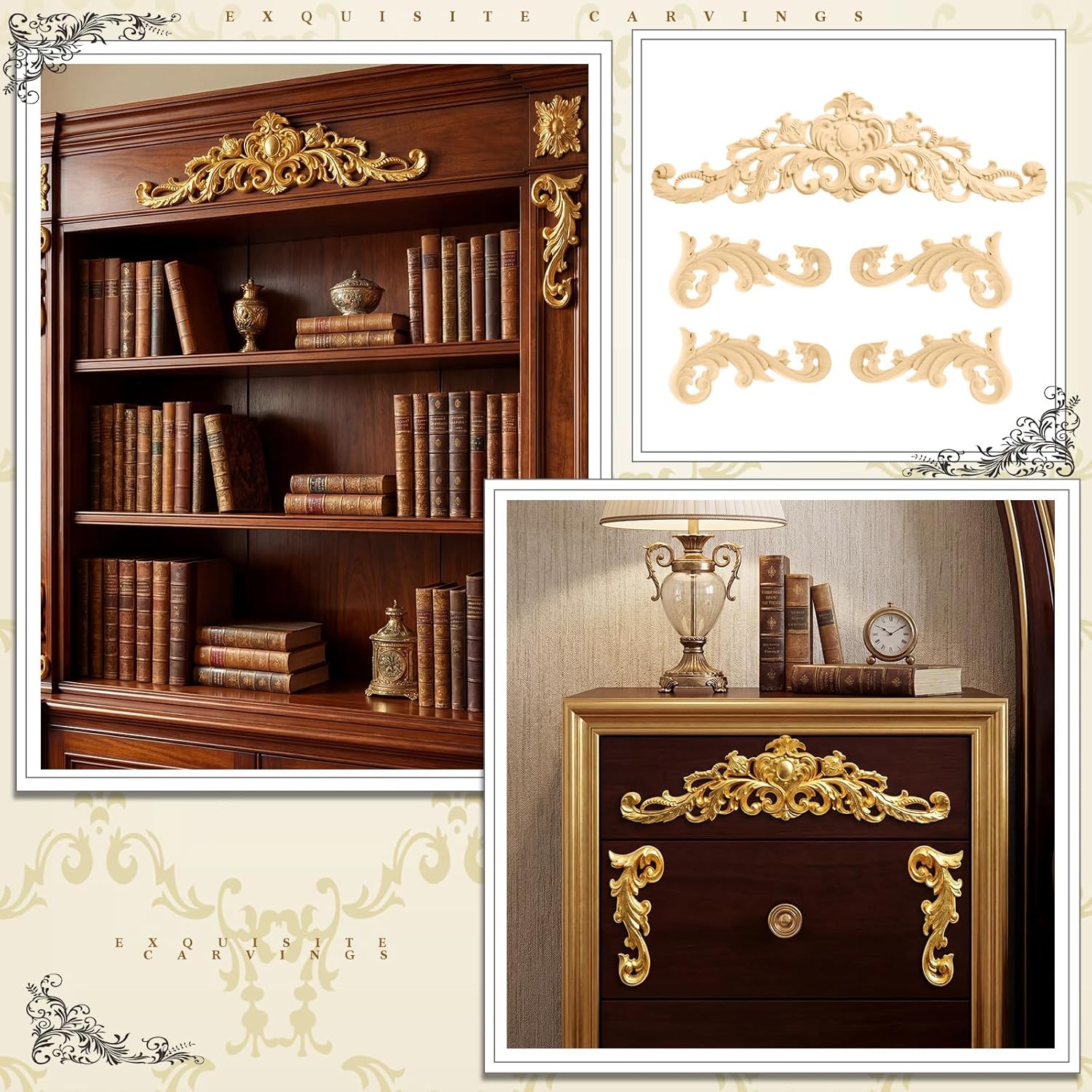 5 Pcs Wood Applique and Onlay with 100 Sheet Foil Leaf Gilding Adhesive Set Carved Decal Wooden Unpainted Carving Applique DIY Foil for Wall Bed Victorian Furniture Decor(Stylish,Gold)