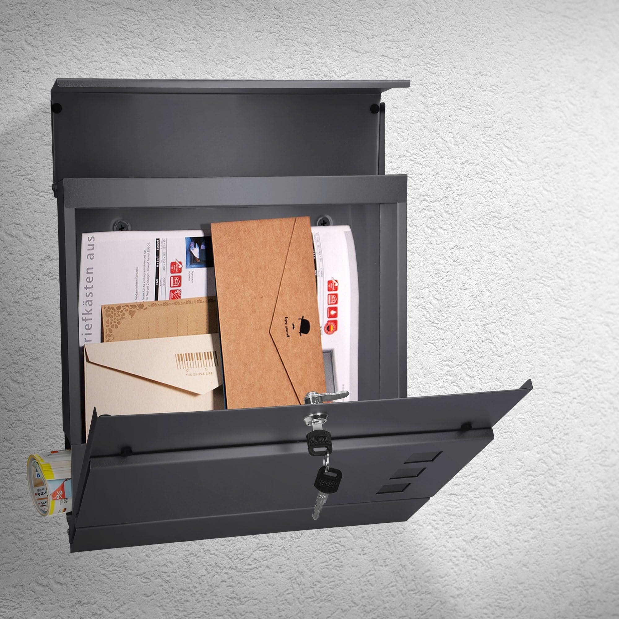 ECD Germany Buzón Correos de Pared 37 x 10 x 36,5 cm Acero Diseño Moderno Antracita con Compartimiento Integrado Correspondencia Periódico Cerradura Cilindríca 2 Juegos de Llaves y Material Montaje