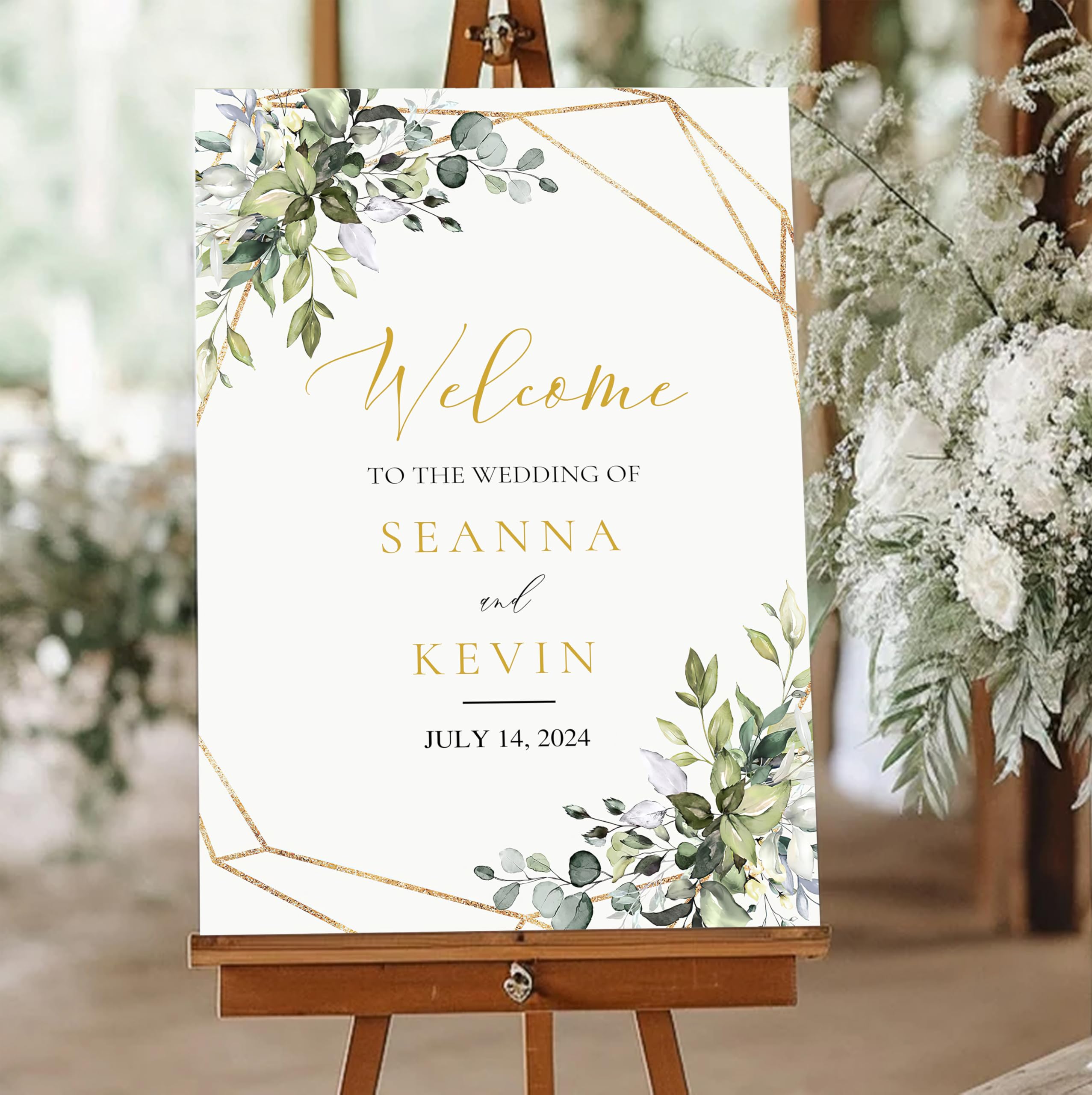 Wedding Welcome Sign, 18 x 12 inches, Personalized Wedding Signage, Plastic, Gold Geometric Design, Indoor/Outdoor, Made in US