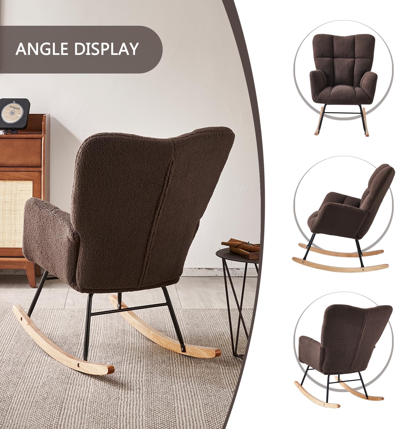 Virabit Modern Cozy Teddy Fabric Rocking Glider Chair - High Backrest Nursery Rocker, Accent Recliner for Living Room & Bedroom Reading, Grey