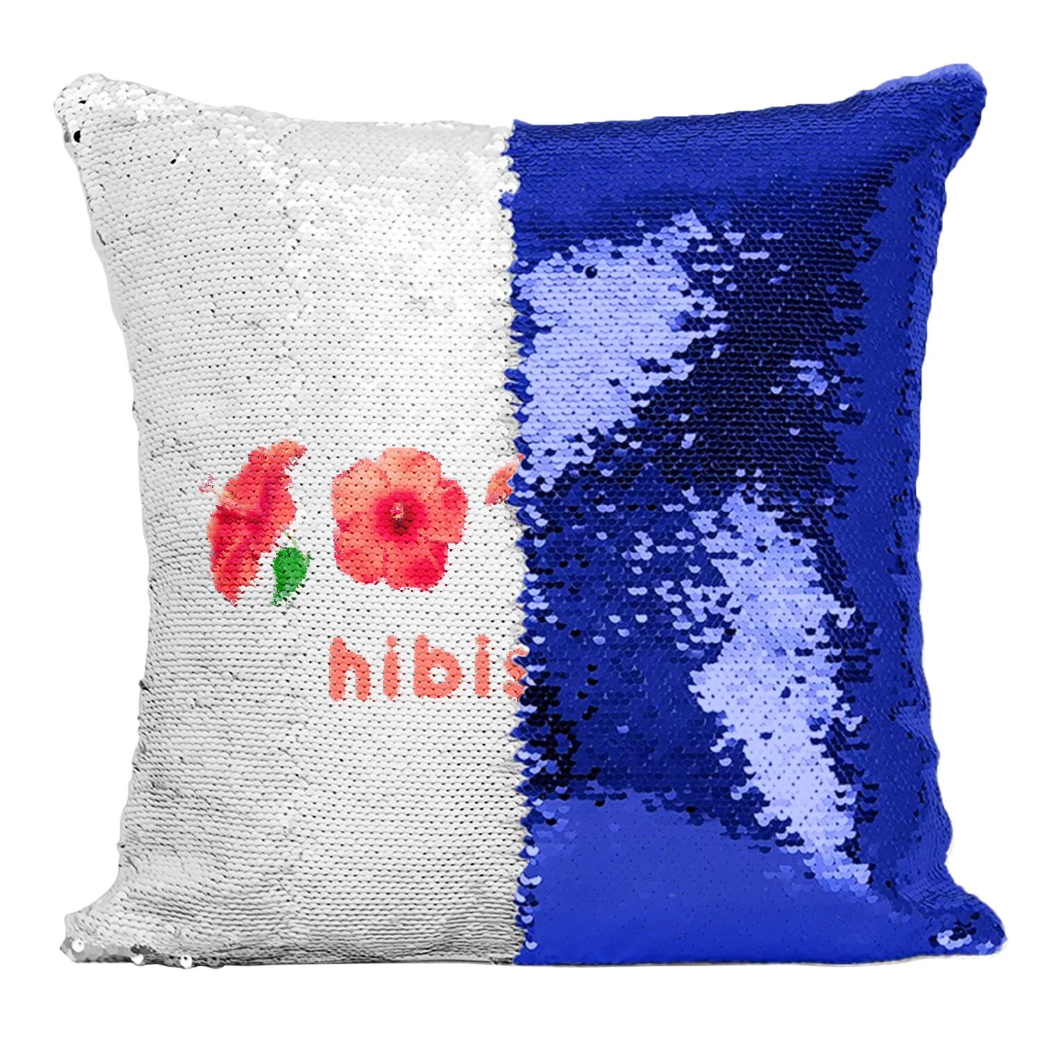 Coussin de canapé avec sequins bleu et hibiscus rouge pour salon chic