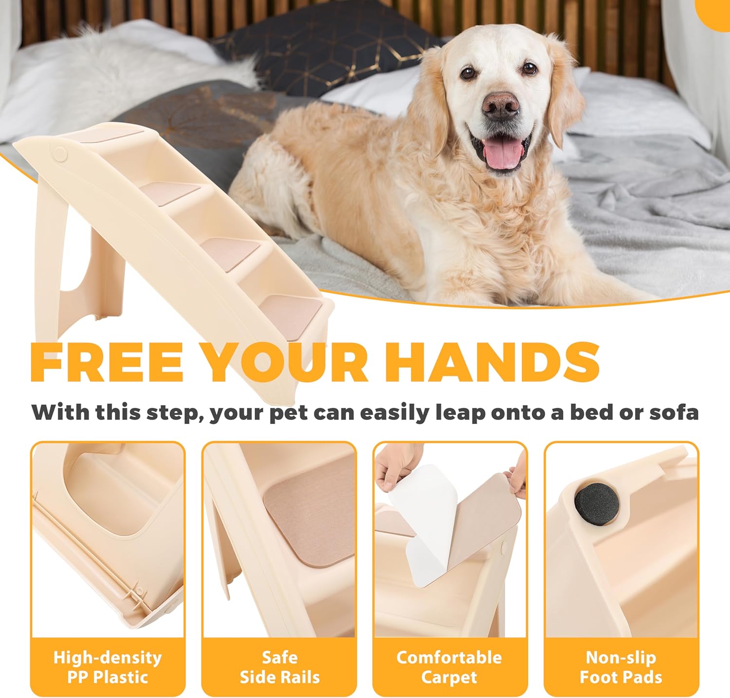 Kojem Foldable Pet Stairs Dogs & Cats Steps for High Bed Couch Truck SUV 4 Non-Slip Steps with Support Frame Indoor Outdoor Portable Pet Ladder Beige PP