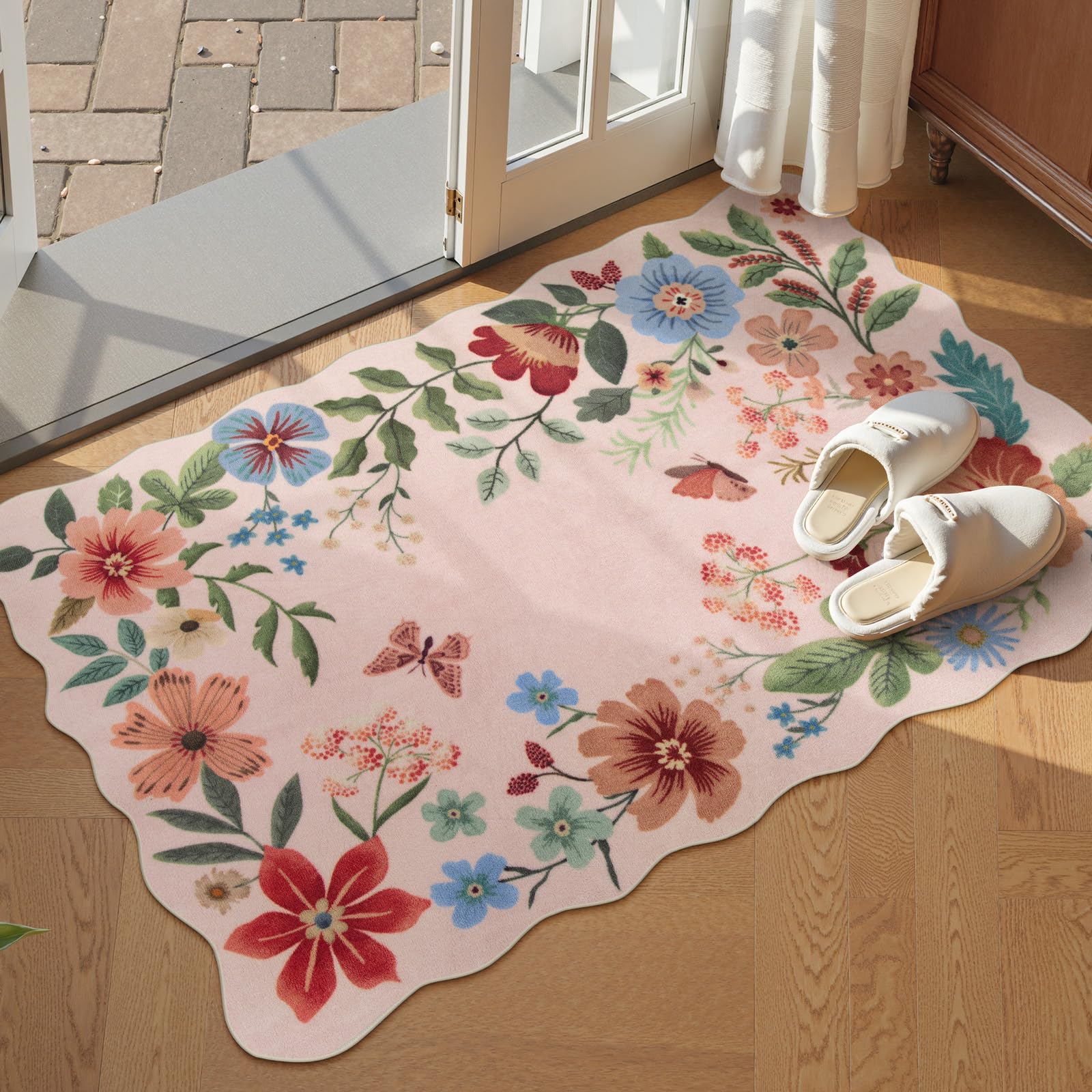Lahome Floral Pink Rugs for Entryway, 2X3 Washable Kitchen Rug Non Slip, Ultra-Thin Indoor Door Mat Stain Resistant Boho Small Carpet for Bathroom