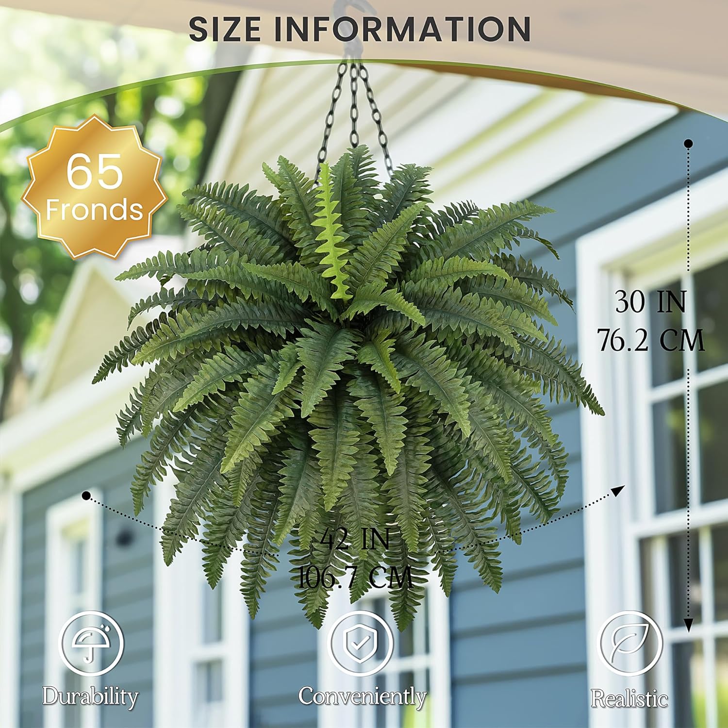 42" Artificial Boston Fern Large Bush Plants, 2 Bundles of Fake Ferns with 65 Fronds for Outdoors Home Decor - Image 2