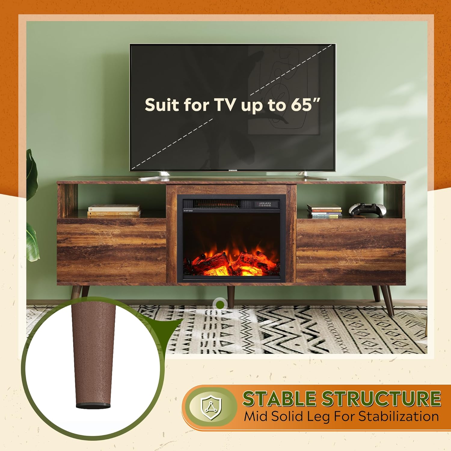 WLIVE Fireplace TV Stand for 55 65 Inch TV, Mid-Century Entertainment Center with Electric Fireplace, Media TV Console with Extra Open Shelf & Storage Cabinets for Living Room Bedroom, Rustic Brown