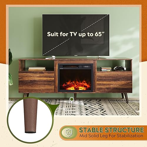 Miniatura 4 de WLIVE Soporte de TV con chimenea para TV de 65 pulgadas, moderno centro de entretenimiento de mediados de siglo con chimenea eléctrica de 18