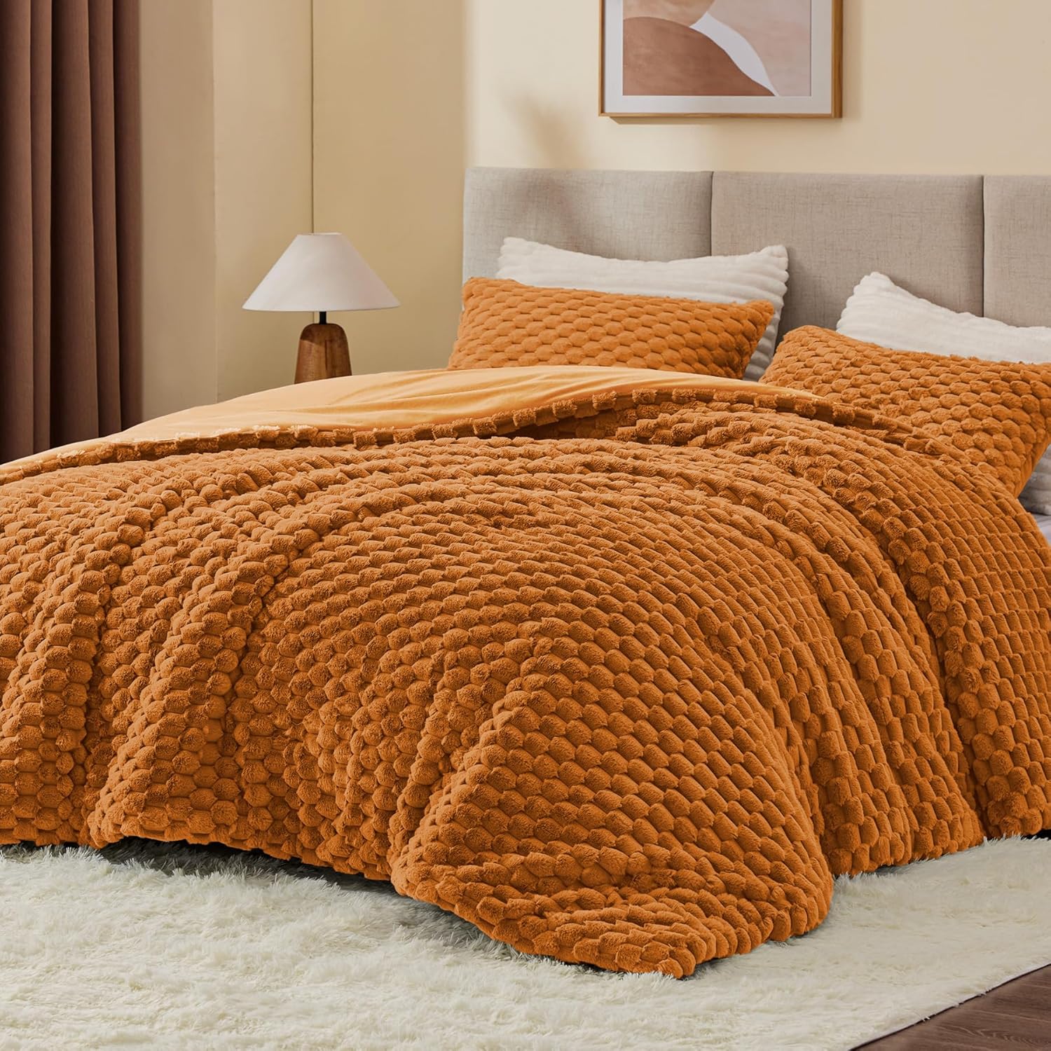 BEDELITE Fluffy Queen Comforter Set - Burnt Orange Fleece Soft Comforter for Queen Size Bed, Luxury Warm Bedding Set for Winter, Fuzzy Bed Set 3 Pieces (1 Comforter, 2 Pillowcases)