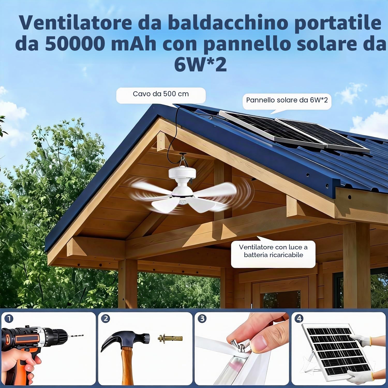 KZT Ventilatore solare da soffitto con illuminazione e telecomando, LED dimmerabile, lampada da soffitto a tre velocità, luce regolabile per esterni, giardino, gazebo, campeggio