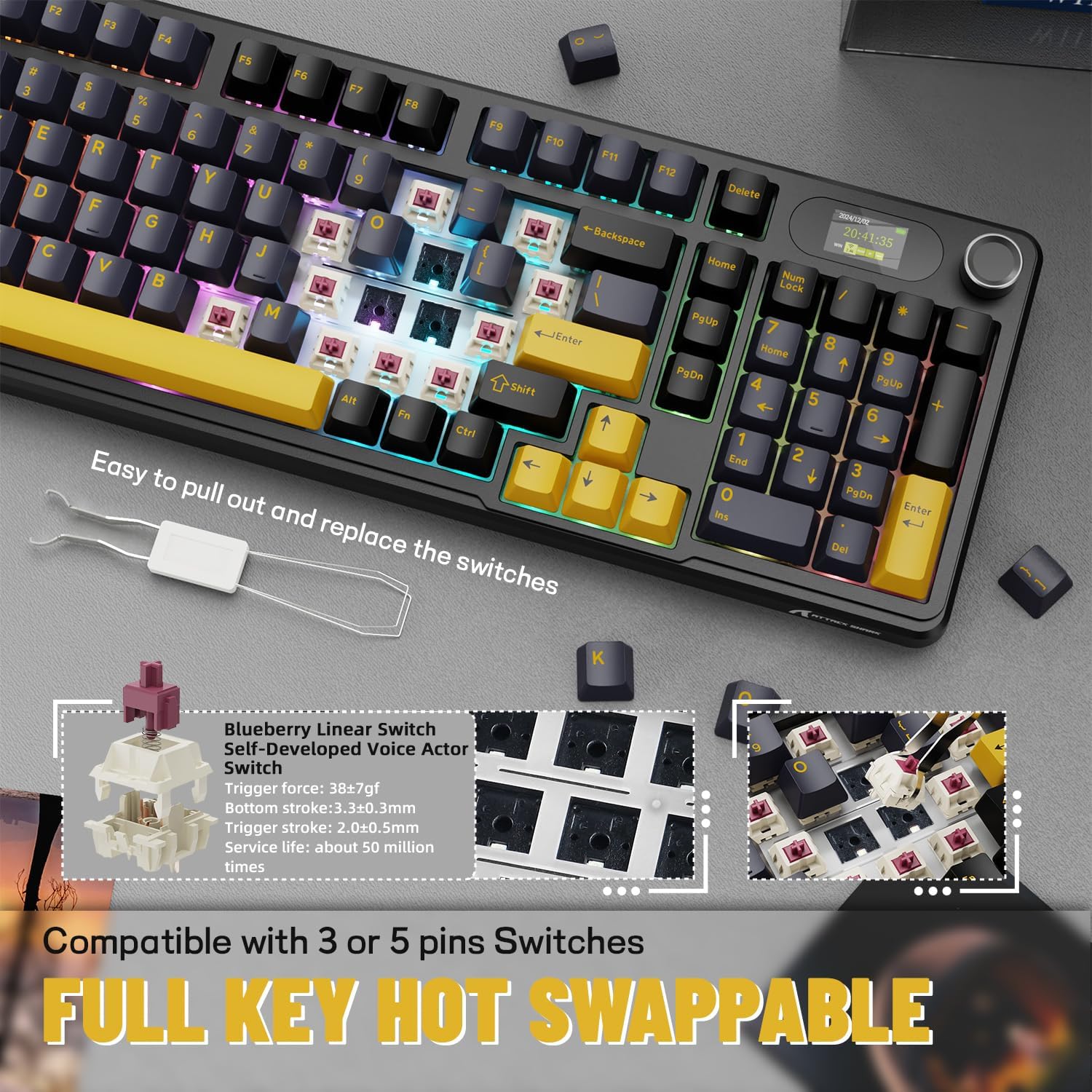 Image illustrating the hot-swappable feature of the ATTACK SHARK X98PRO keyboard, showing how to pull out and replace switches. It highlights the Blueberry Linear Switch and its compatibility with 3 or 5-pin switches.