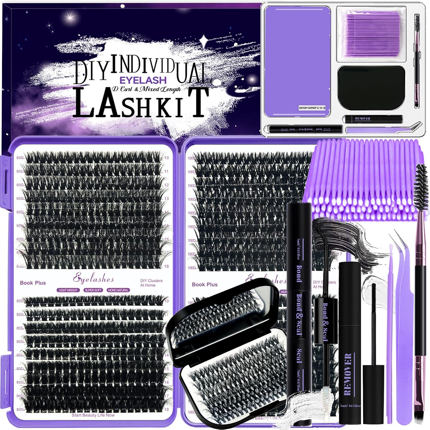 DNSGOOR DIY Lash Extension Kit 750Pcs D Curl Individual Lash Clusters Eyelashes Extension Set with Lash Bond&Seal Glue Remover Tweezers Lash Brush Applicator Mirror Lash Storage Box
