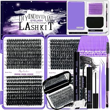DNSGOOR DIY Lash Extension Kit 750Pcs D Curl Individual Lash Clusters Eyelashes Extension Set with Lash Bond&Seal Glue Remover Tweezers Lash Brush Applicator Mirror Lash Storage Box
