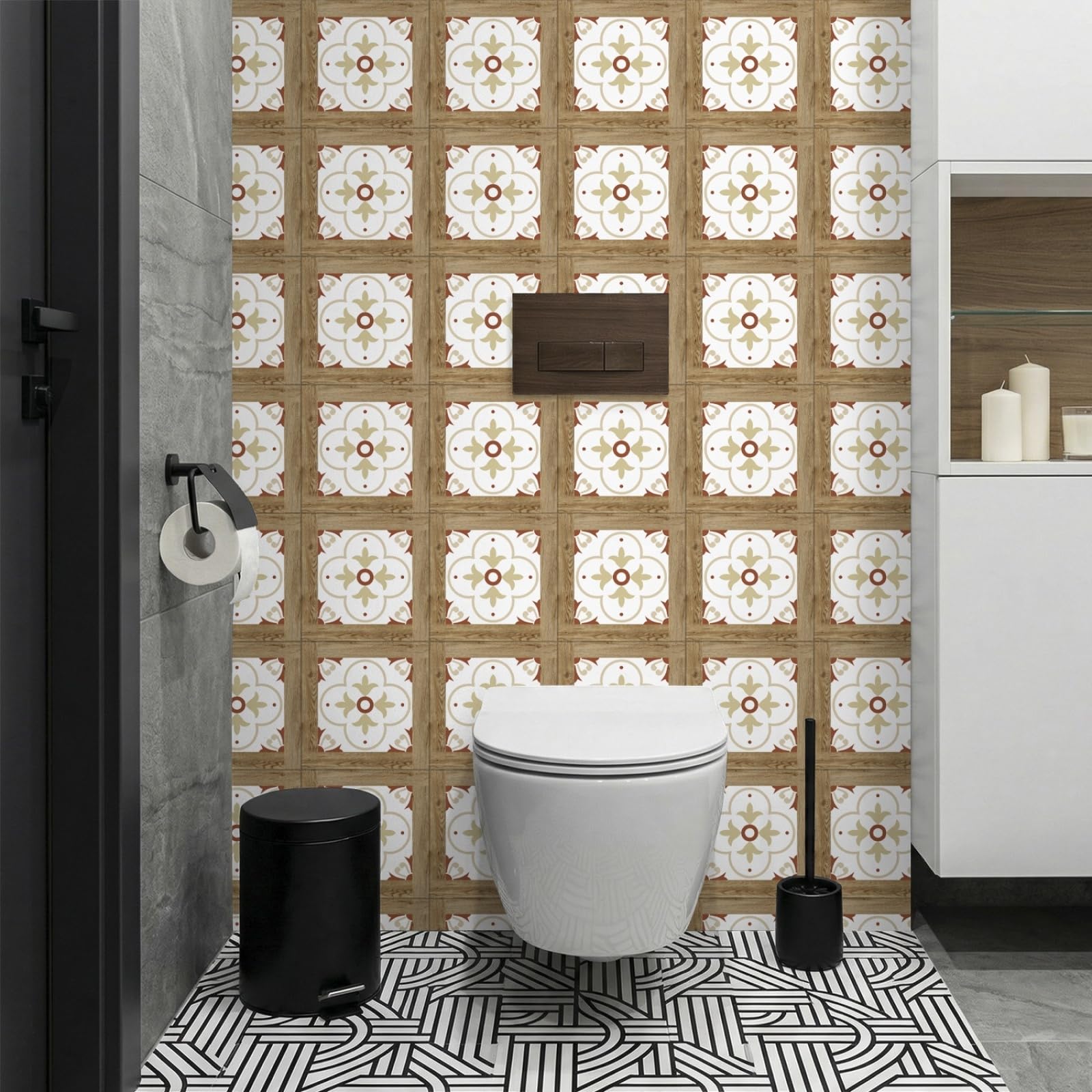 Rmjcxys Vintage Wood Flower Stick On Tiles Kitchen Tile Stickers Waterproof Vinyl Decals Self Adhesive Stick On Bathroom Tiles Backsplash Decorative Tile Covers 20X20 Cm/ 5 Pcs