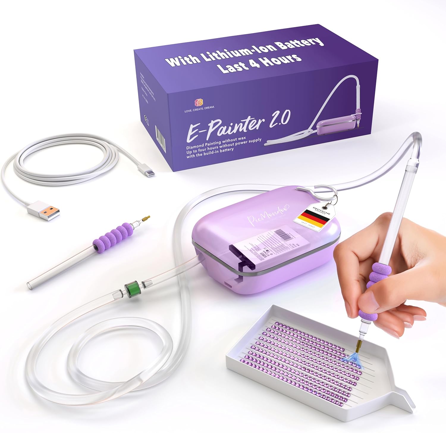 Picmondoo Electric Diamond Painting Pen – Wireless Vacuum Diamond Art Pen, Waxless Diamond Painting Tool Kit with Pump & Accessories for Fast & Easy Diamond Art, AB Stones Compatible (Purple, 2 Gear)