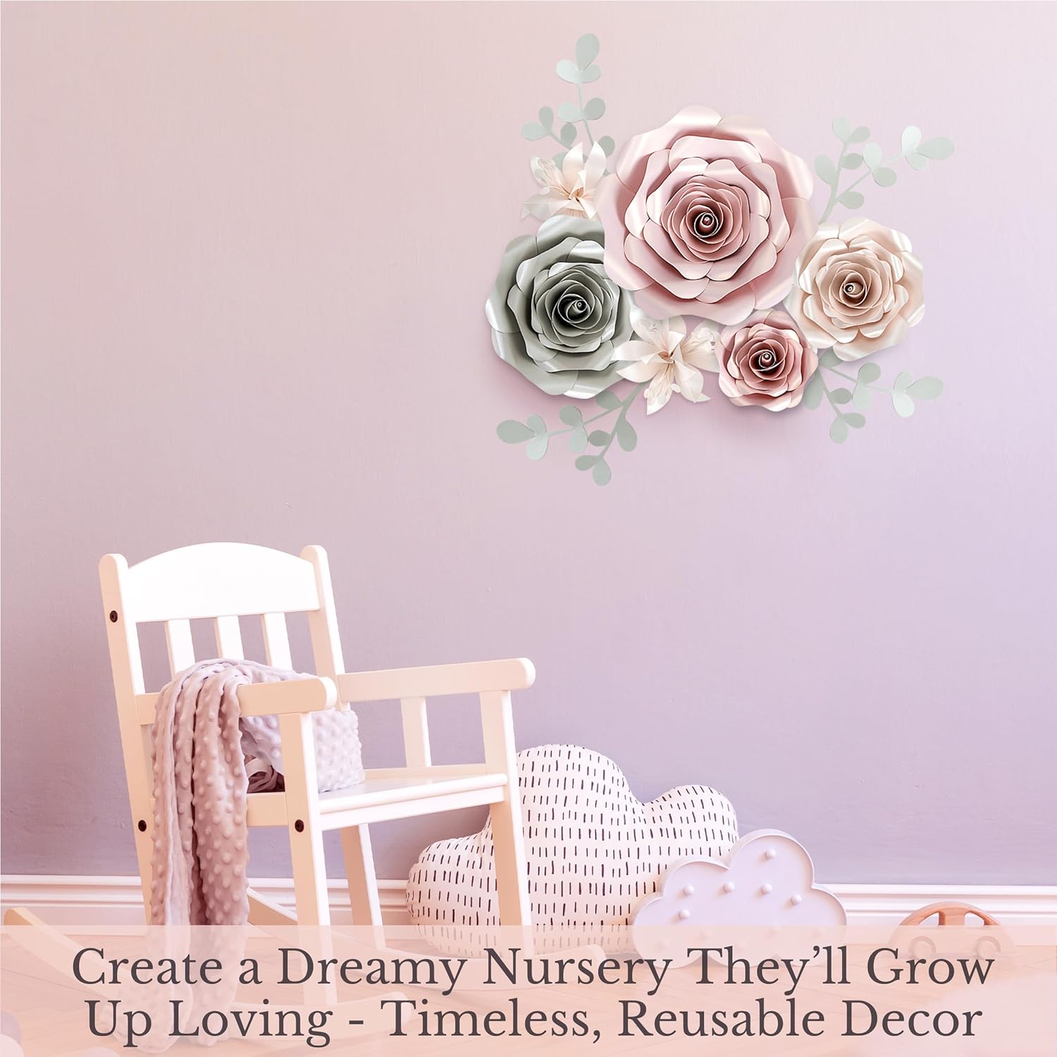 Rainbows & Lilies Large Paper Flowers Decorations for Wall, Wedding, Bridal Party, Baby Shower, Nursery Decor, Girls Room, Artificial Flower Backdrop - 10pc Rose 3D Wall Decor in Pink, Gray, Ivory