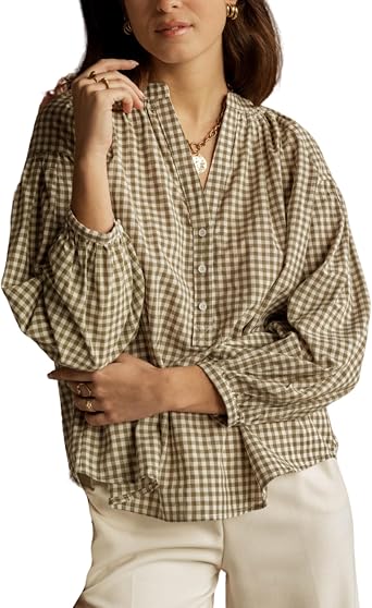 InterNos Women Summer Classic Plaid Tops V Neck Button Down Shirts Puff Long Sleeves Babydoll Blouse