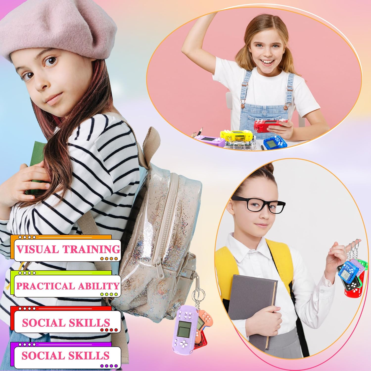 48 Pack Mini Video Game Party Favors Video Game Keychain Handheld Video Game Key Chain for Kids Goddie Bag Fillers