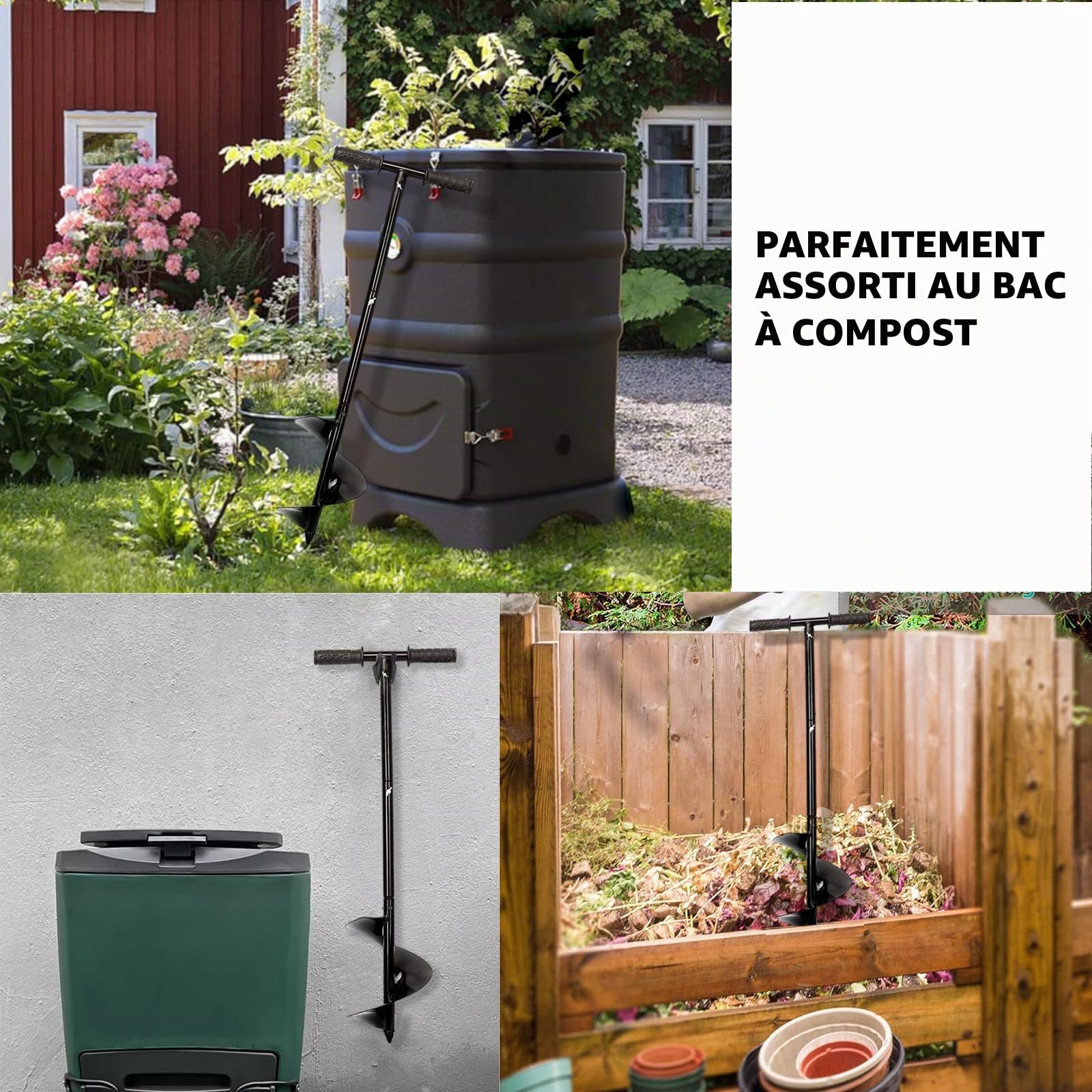 Outil d'agitation de compost Pro, barre tournante de compost de 84,8 cm, aérateur de compost manuel et outil de mélange pour bacs à compost d'extérieur, accessoires de compostage Noir