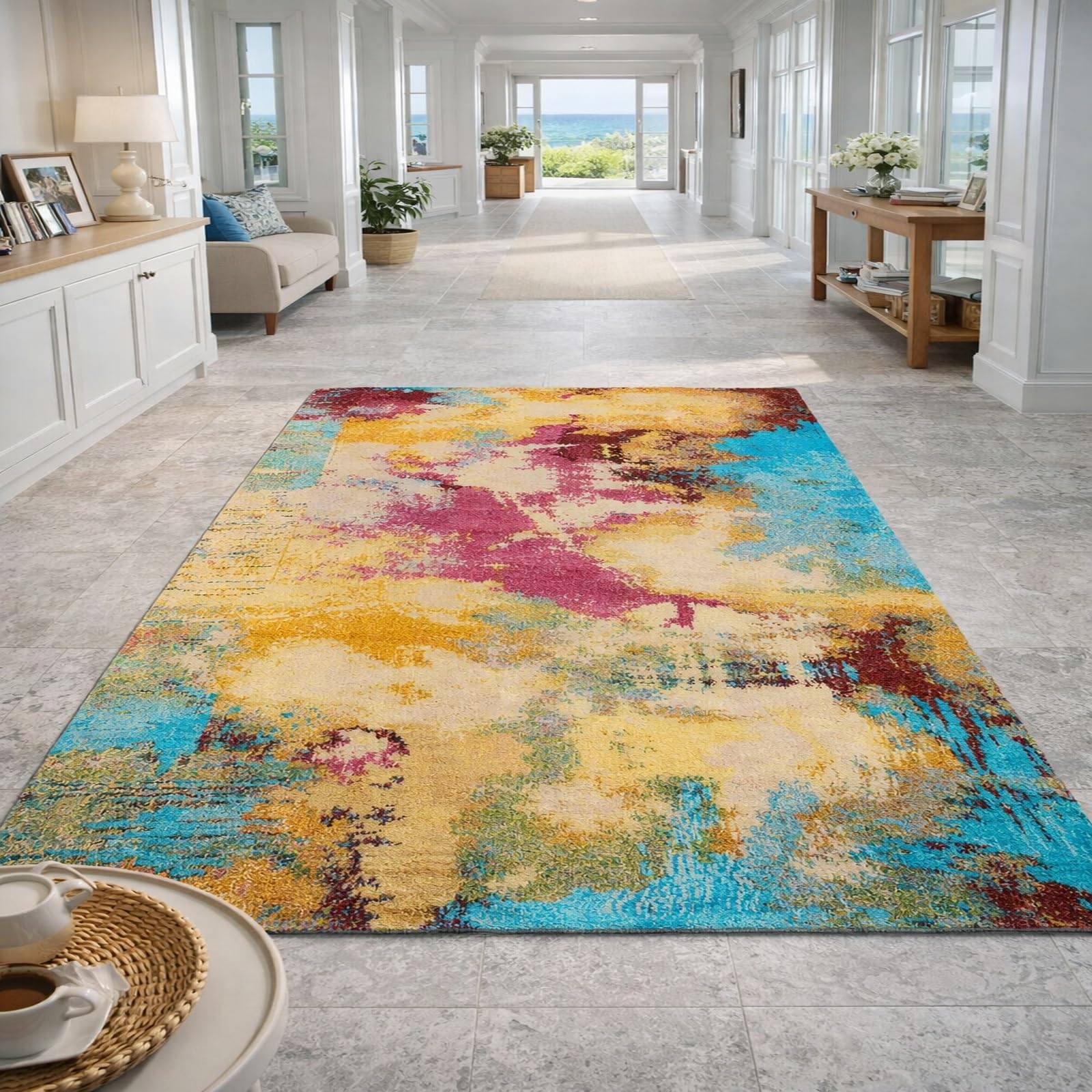 Tapis poil ras grand salon abstrait jaune rose bleu 200x250 cm