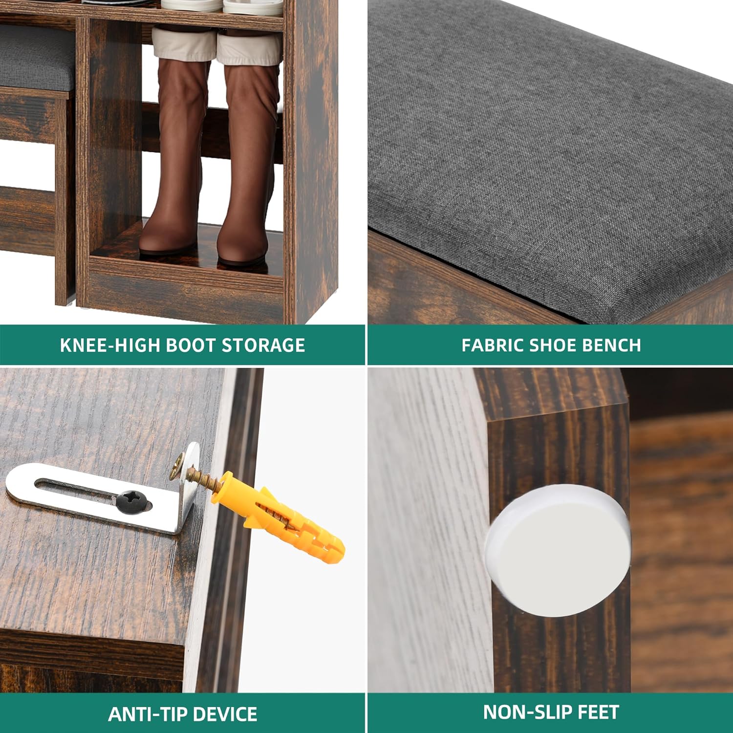 DWVO Shoe Cabinet with Hidden Bench, 8 Tiers Free Standing Shoe Racks, 70.9'' Tall Shoe Cabinet with Open Storage & High Boots Cubby for Entryway, Living Room, Rustic Brown