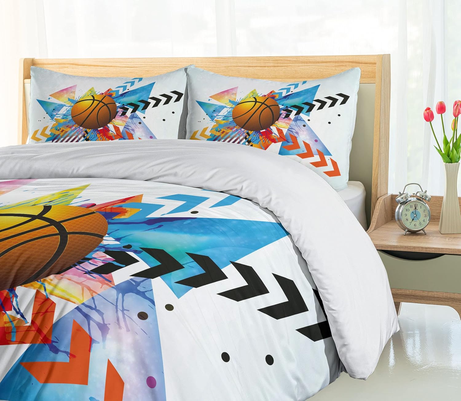Ambesonne Teen Room Duvet Cover Set, Basketball in Front of Zigzag Circular Geometric Minimalist Forms Graphic Print, Decorative 3 Piece Bedding Set with 2 Pillow Shams, Queen Size, Orange Blue Queen Orange Blue