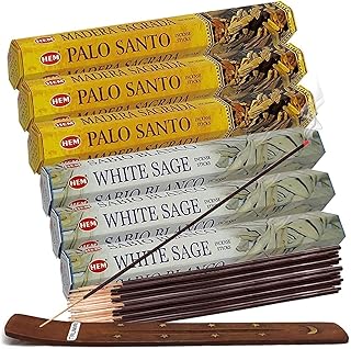 White Sage Incense Sticks and Hem De Palo Santo Incense Sticks with Incense Holder Bundle for Smudging Smudge kit Natural Inciensos Aromaticos Home Fragrance