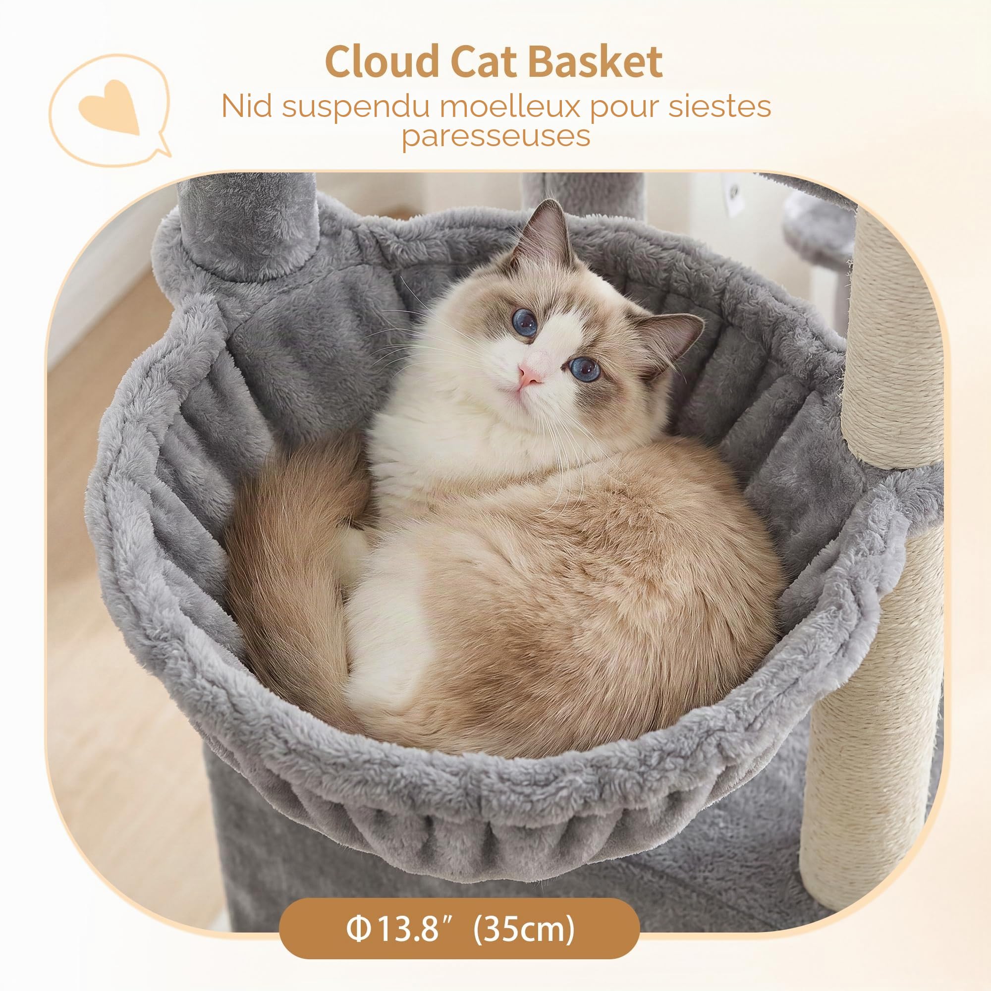 Heybly Arbre à Chat pour Grands Chats 151cm 2 Niches et Perchoirs HCT055W | Base Élargie 76 x 43 cm, Hamac Suspendu, 6 Poteaux en Sisal, Sangle Anti-Basculement, Pour l’Intérieur, Gris Clair