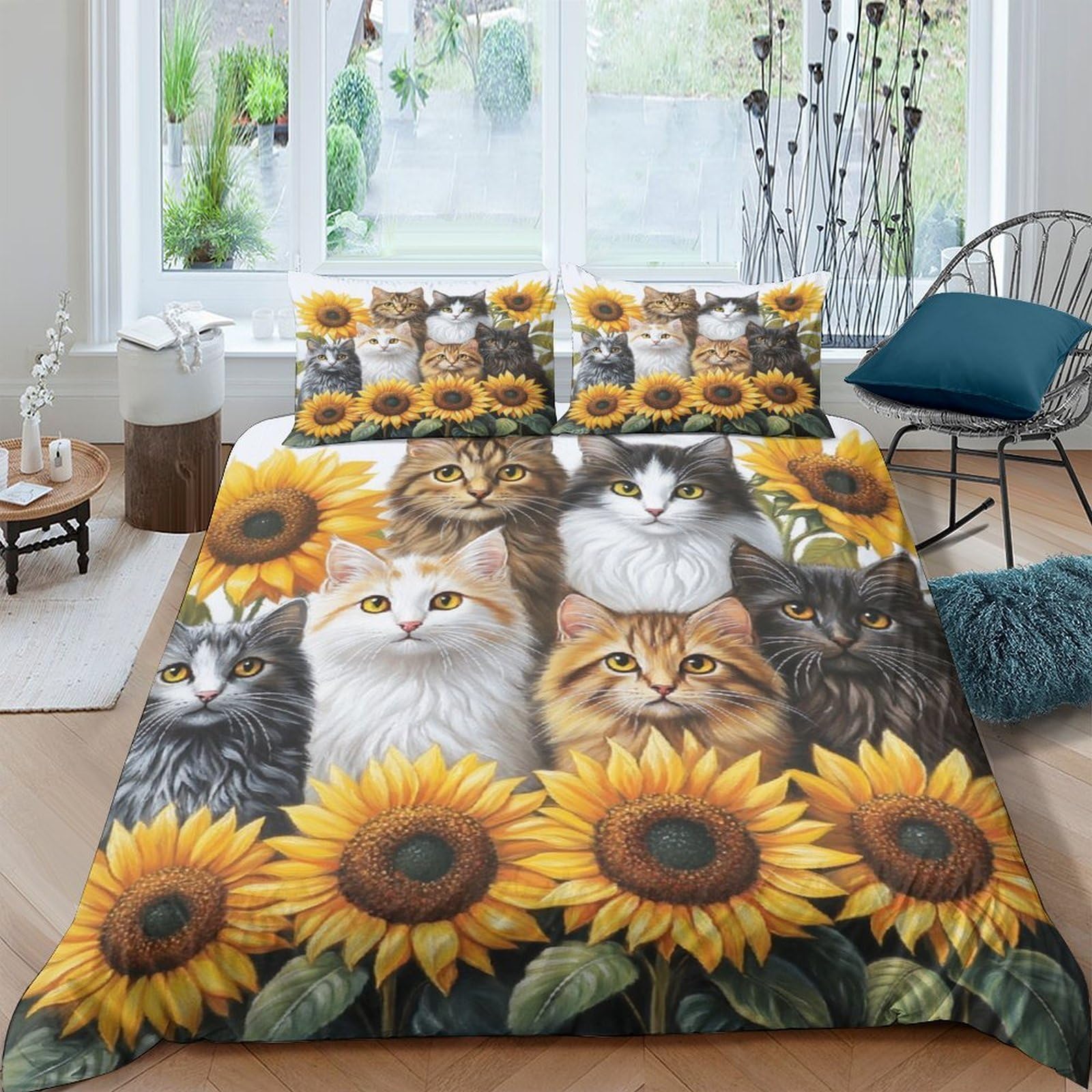GPLZQXKJNH 3D Printed Sunflower Cat Duvet Cover Microfiber Soft Breathable Kitten Bedding Set with 2 Pillowcases for Bedroom Decor Single（135x200cm）