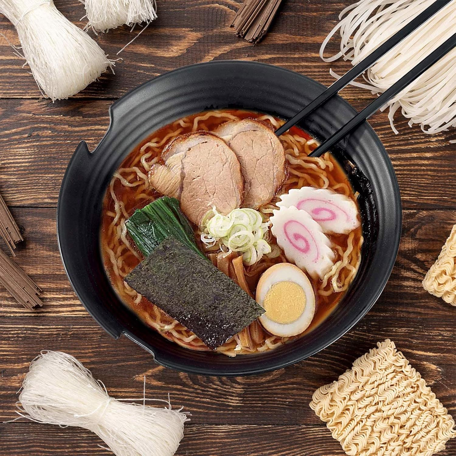 4 Sets Ramen Bowl set (Black Melamine Large Noodle Bowls),37 oz Japanese Style Soup Bowls Set with Chopsticks and Spoons for Soup, Cereal, Rice, Udon, Asian Noodles