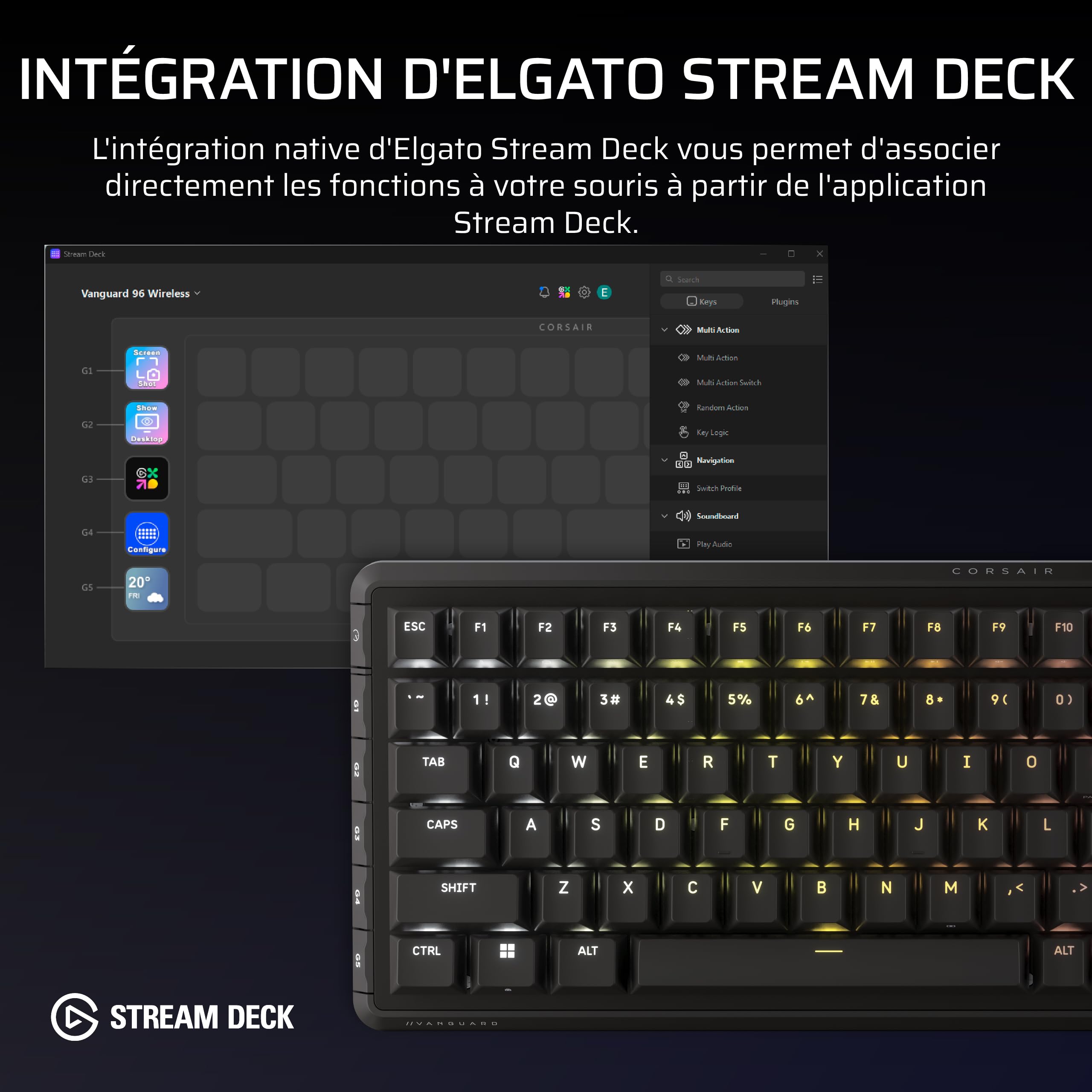 Corsair Vanguard 96 sans Fil Hall Effect Clavier de Jeu (AZERTY FR) – Noir | Magnétique Mécanique, 96%, MLX Plasma Commutateurs, Interrogation 8 000 Hz, Rapid Trigger, Stream Deck Virtuel, SOCD Flashtap