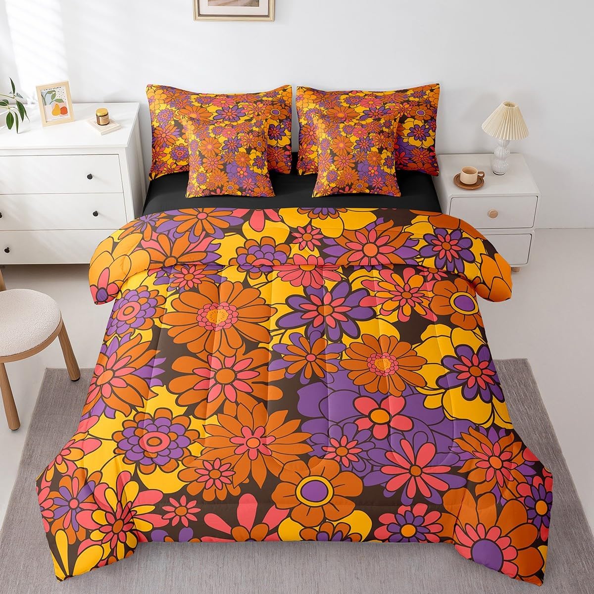 Erosebridal Adults Boho Floral Bed in A Bag 7 Piece Vintage Bohemian Hippie Flower King Comforter Set Retro Groovy Botanical Bedding Set with Sheets Pillow Covers,60S 70S Bed Set Reversible