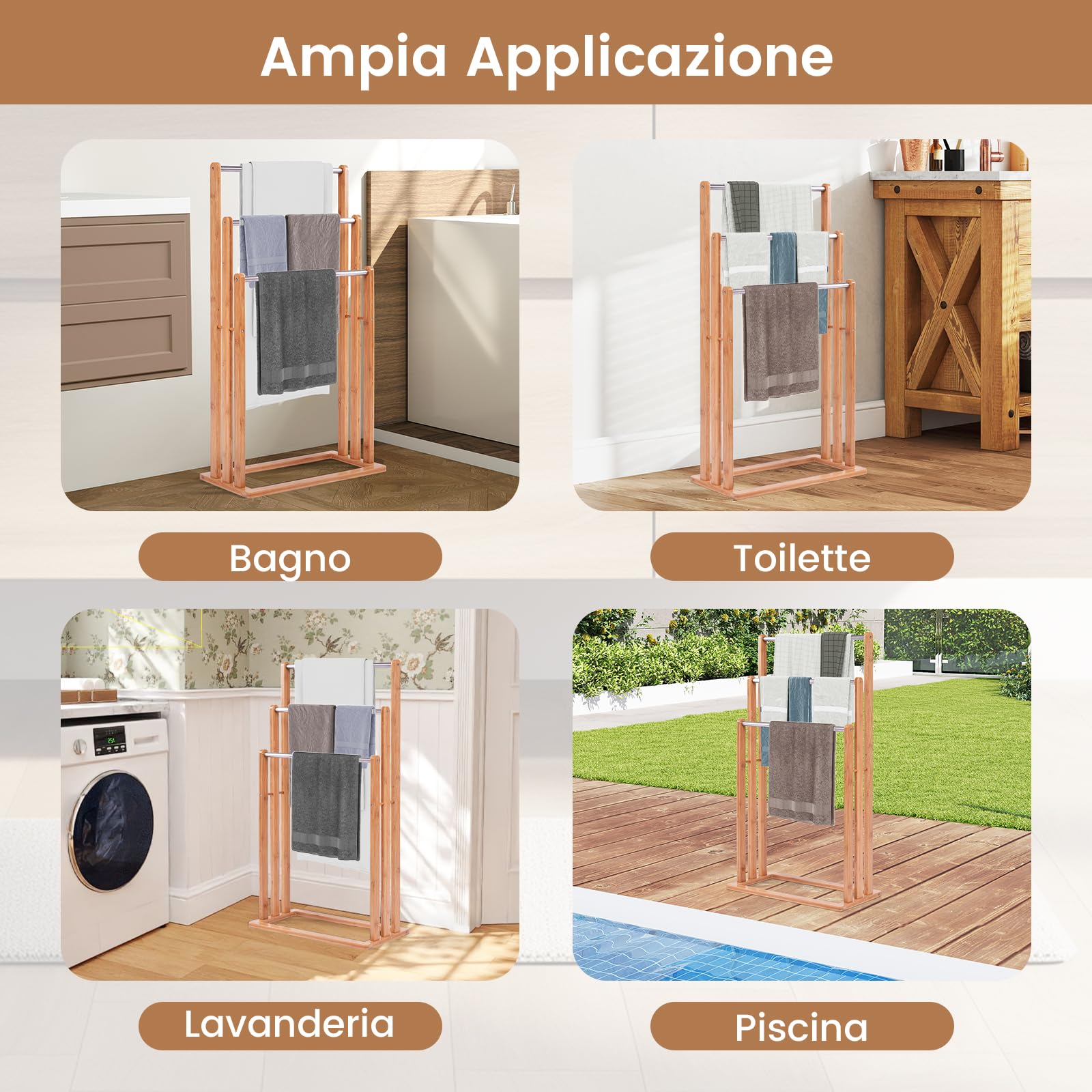 COSTWAY Portasciugamani in Bambù da Terra | Mobile Bagno con 3 Aste per Asciugamano in Acciaio Inox, 46x24x84cm