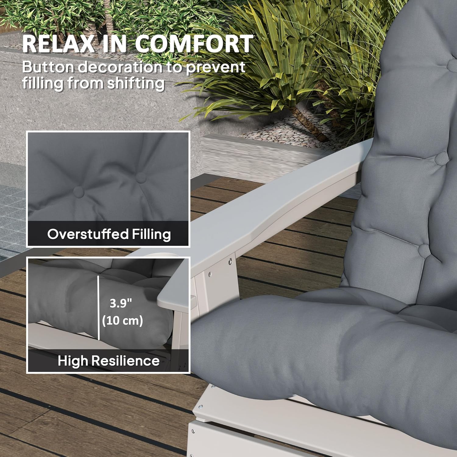 Outsunny Outdoor Adirondack Chair Cushions Set of 2, Tufted High Back Patio Chair Cushions with Ties, Non-Slip Replacement Seat Pads for Adirondack Chairs, Gray