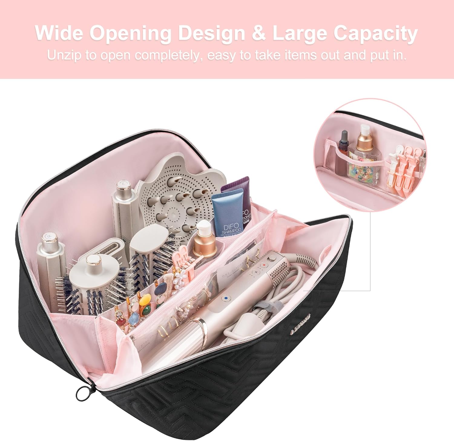 Leudes Hair Tools Travel Bag For Dy son Airwrap Hair Dryer Shark Flex Style Carrying Case Travel Makeup Bag Portable Pouch Open Flat Packing Organizers with Divider and Handle (Black) - Image 7