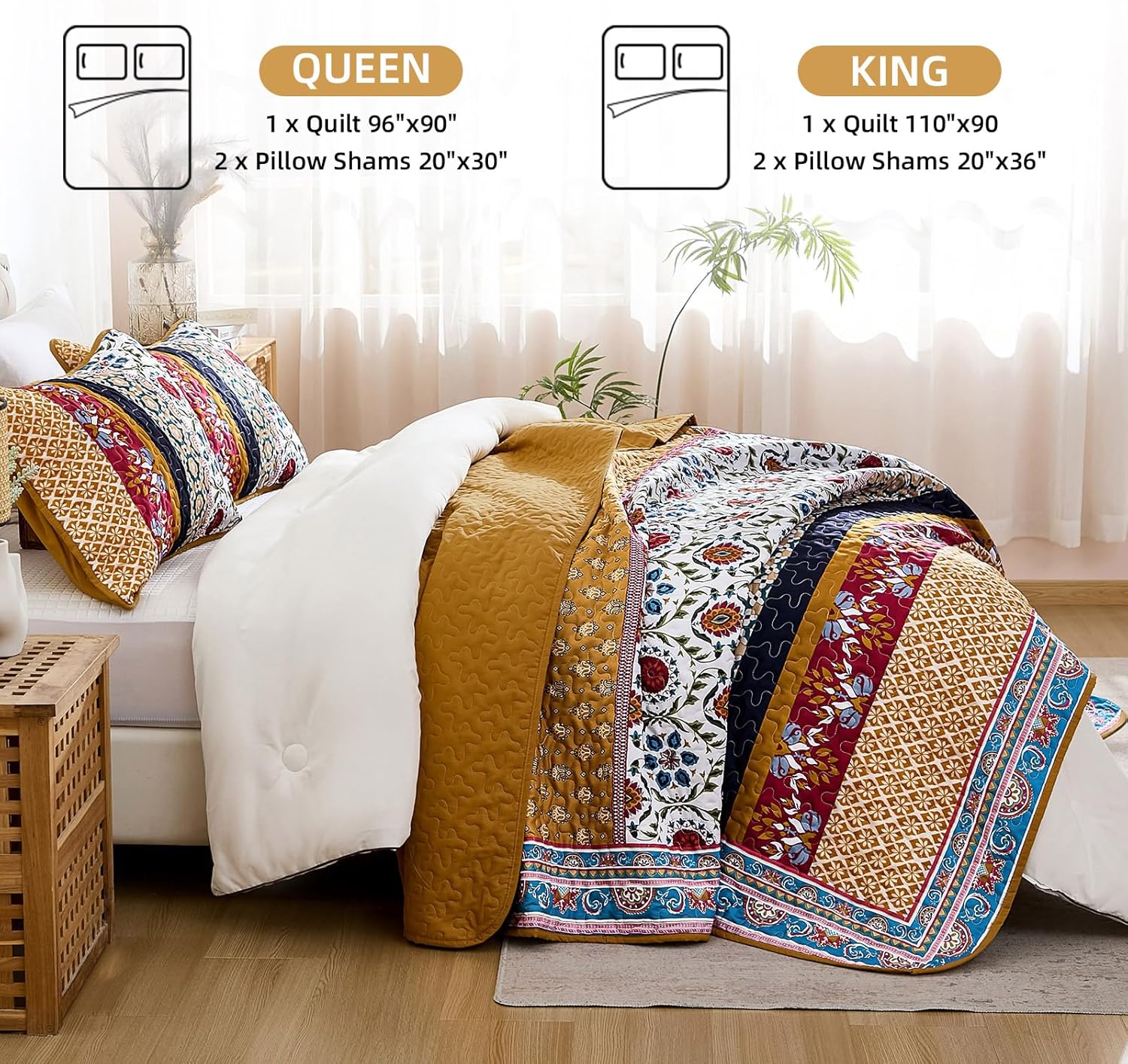 Yiran Boho Quilt Set King Size, Fall Tango Orange Patchwork Bedspreads Bedding Set, Lightweight Bohemia Farmhouse Coverlet Set 110x90 Inch - Image 5