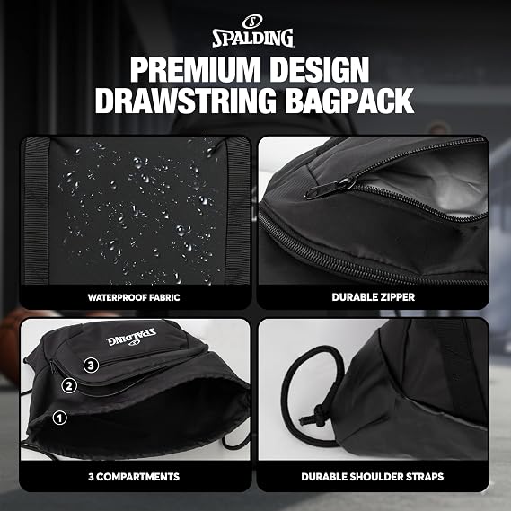 Spalding Drawstring Backpack Sports Bag | Black Waterproof Gym Bag | Cinch Sack with Separate Shoe and Ball Holder| for Travel, Basketball, Sports, 2 Pack