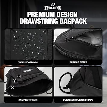 Spalding Drawstring Backpack Sports Bag | Black Waterproof Gym Bag | Cinch Sack with Separate Shoe and Ball Holder| for Travel, Basketball, Sports, 2 Pack