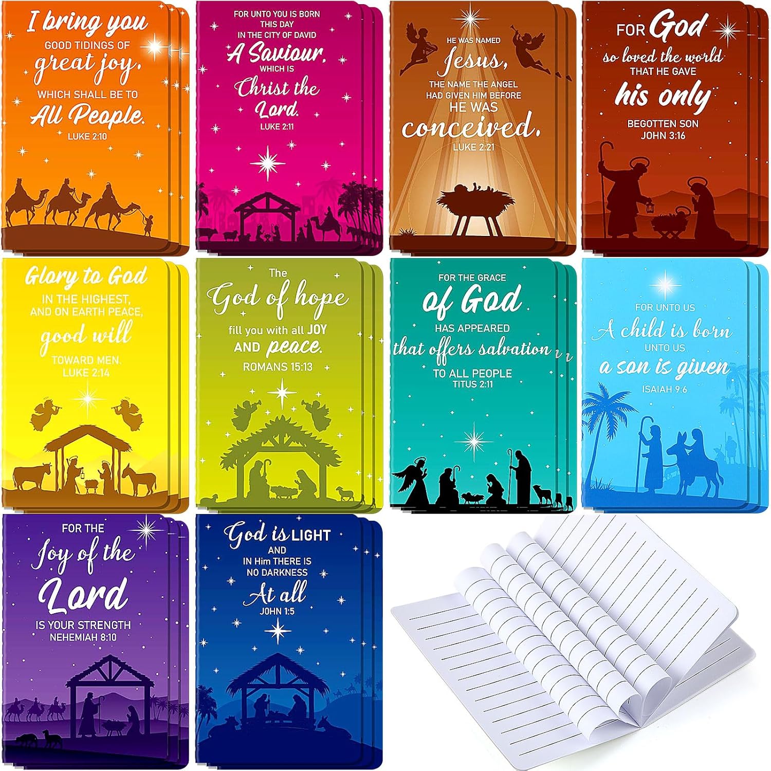 Tenceur 100 Pcs Mini Christmas Notepad Nativity Theme Christian Gift Stuffers Christmas Notebook Bible Verse Notepads 10 Styles for Office Supply Christmas Party Favors Holy Night