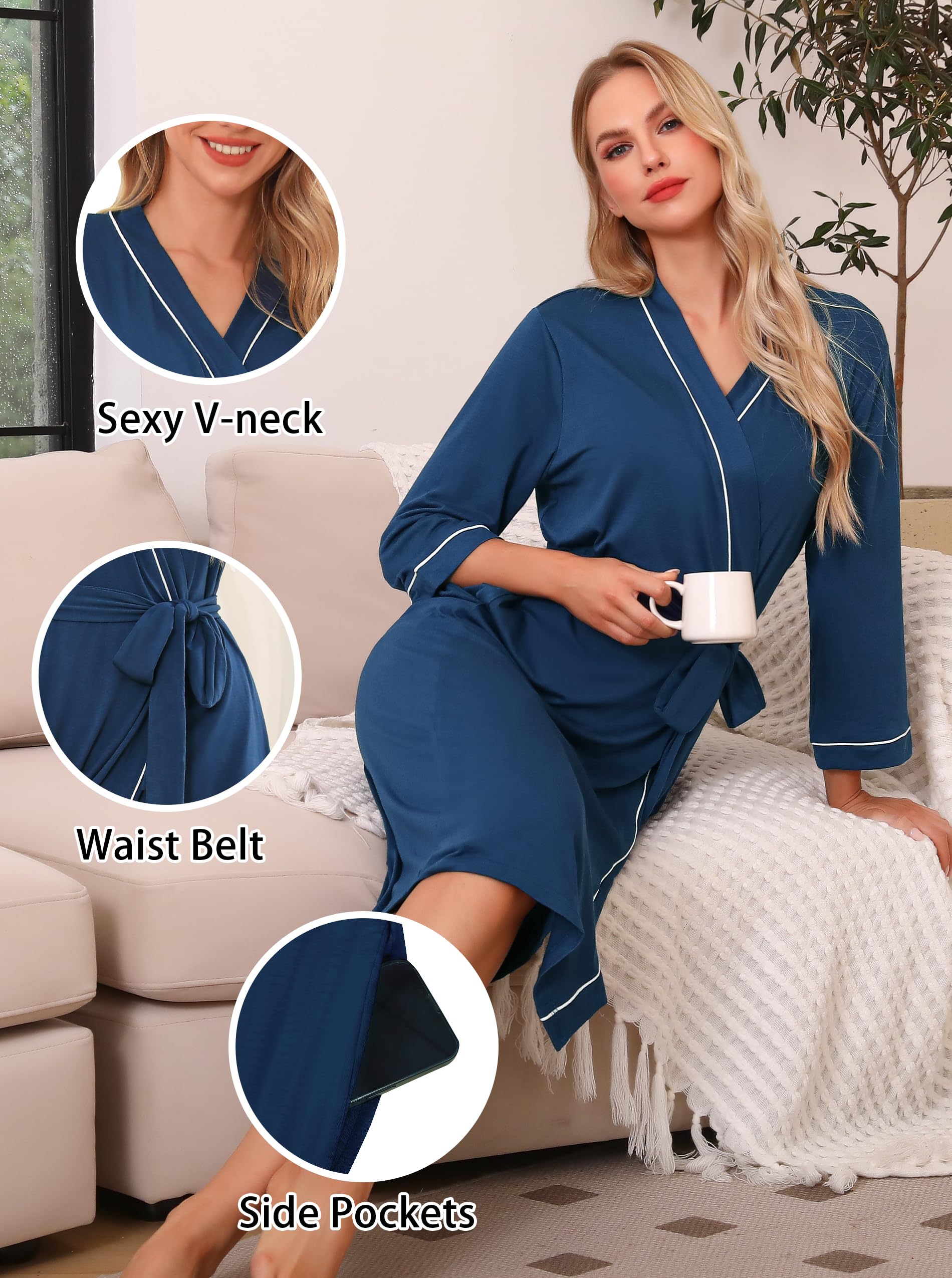 Wikoan Peignoir de Bain Tricoté Robes Longues pour Femmes Robe de Chambre Col V Léger et Doux Sortie de Bain pour Toutes les Saisons Peignoir Piscine S-XXL