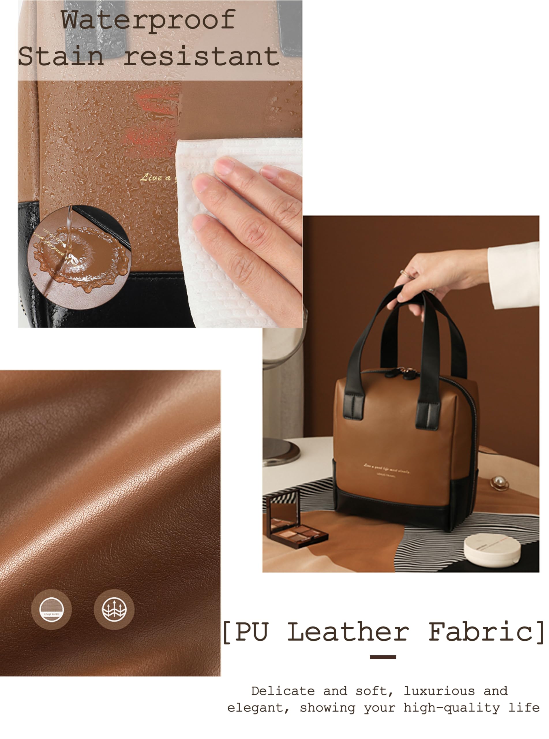 Minimalist Retro Style Makeup Bag for Women Girls Travel-Waterproof PU Leather Cosmetic Organiser for Makeup Brushes&Nail Polish/Portable Toiletry Bag with Zipper/Essentials Handbag - Image 4
