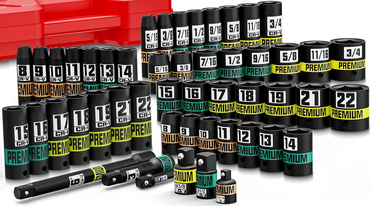 3/8 inch Drive Impact Socket Set with Extensions — 50-Piece