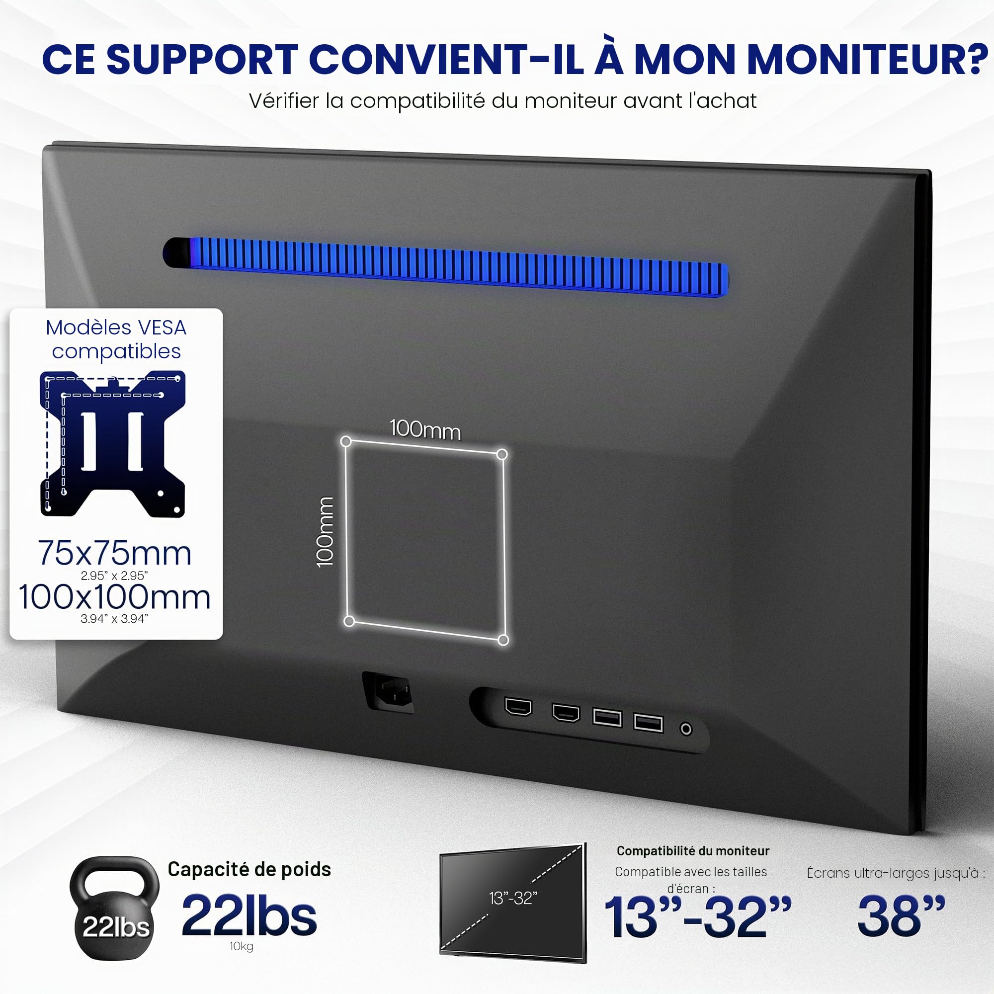 Vivo STAND-V011 Support de Bureau pour écran Simple avec Support de Bureau 39 Pouces Entièrement réglable Inclinaison et Articulation Peut contenir des écrans de 13 à 32" jusqu'à 10 kg avec Montage